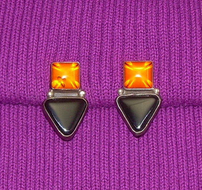 Baltic Amber Sterling Silver Onyx Clip Earrings