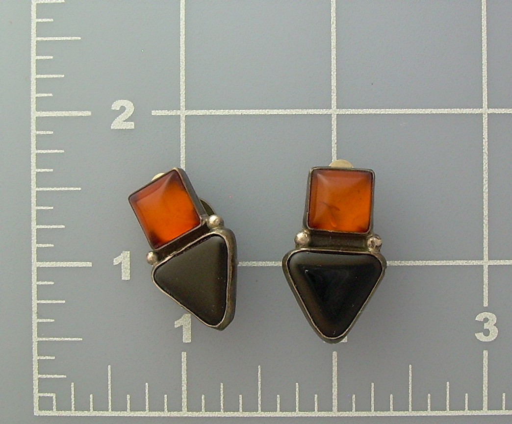 Baltic Amber Sterling Silver Onyx Clip Earrings