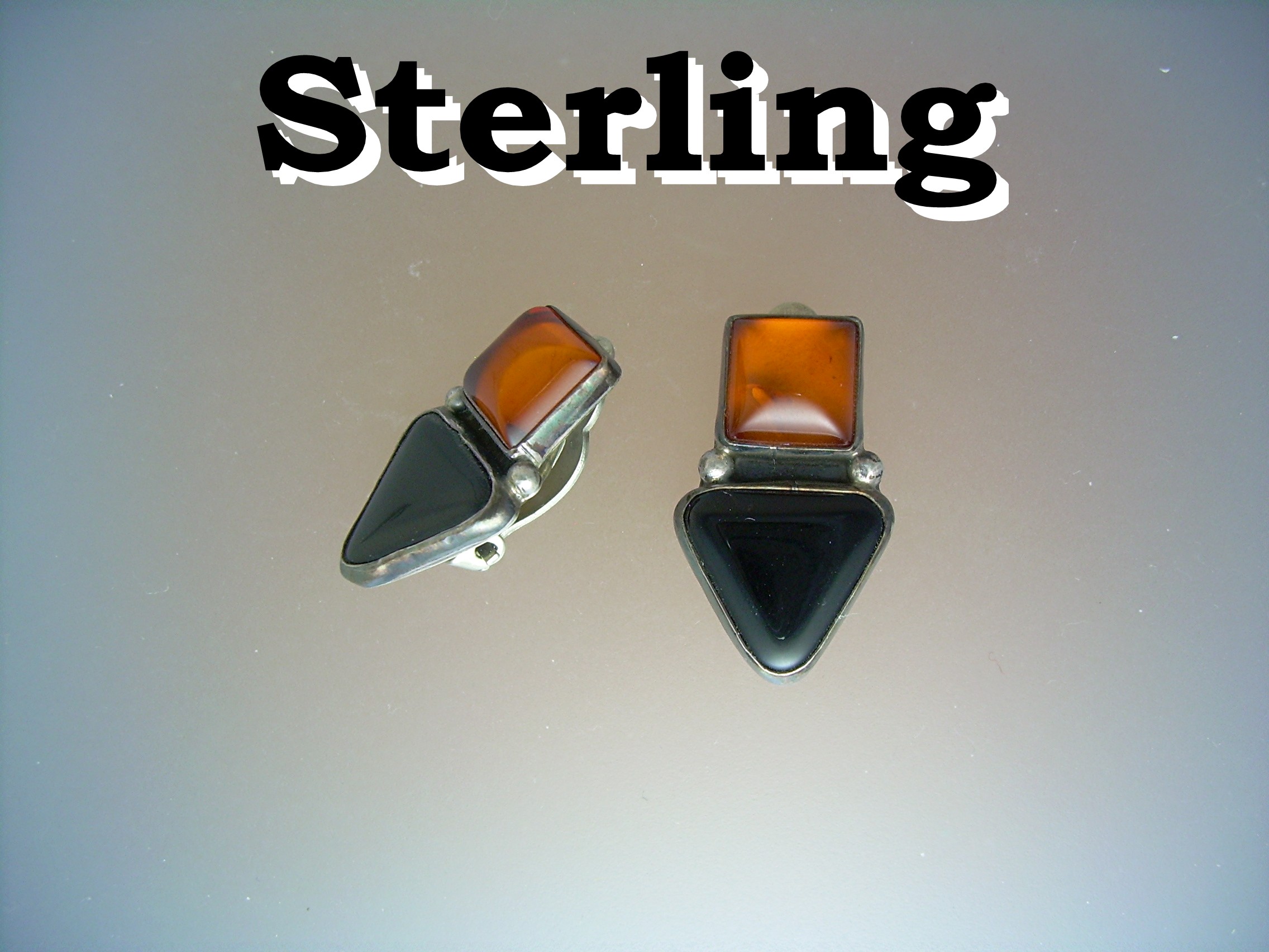Baltic Amber Sterling Silver Onyx Clip Earrings