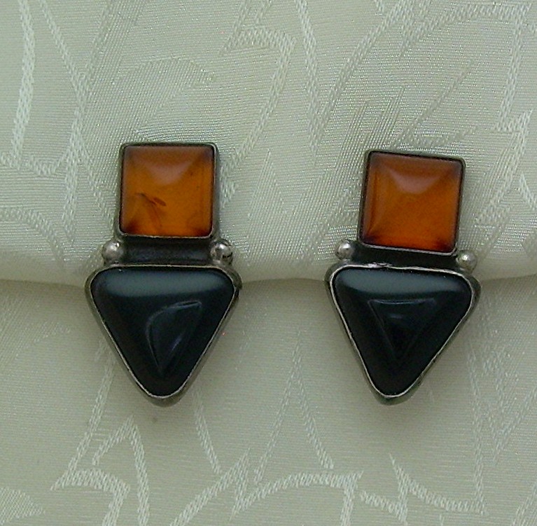 Baltic Amber Sterling Silver Onyx Clip Earrings