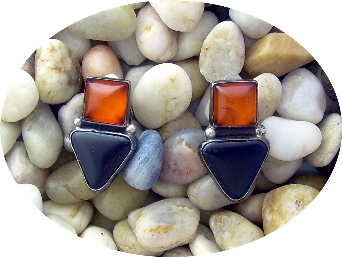 Baltic Amber Sterling Silver Onyx Clip Earrings