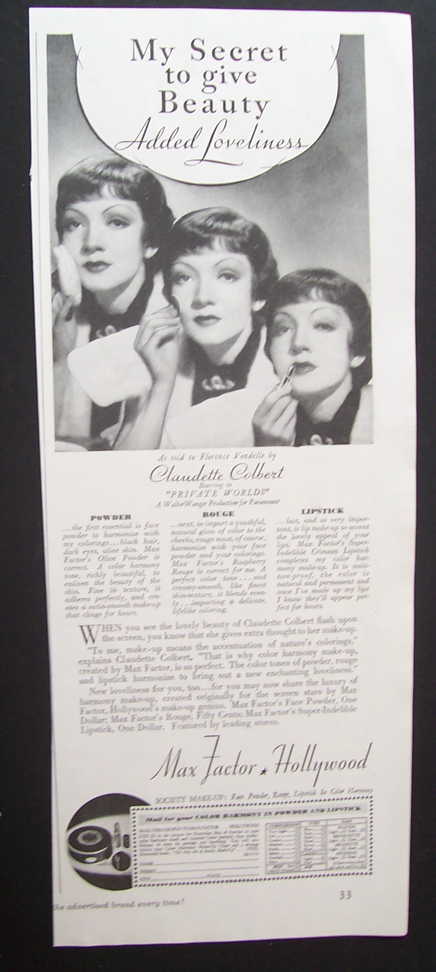 1935  Max  Factor  Make - Up  with  Claudette  Colbert