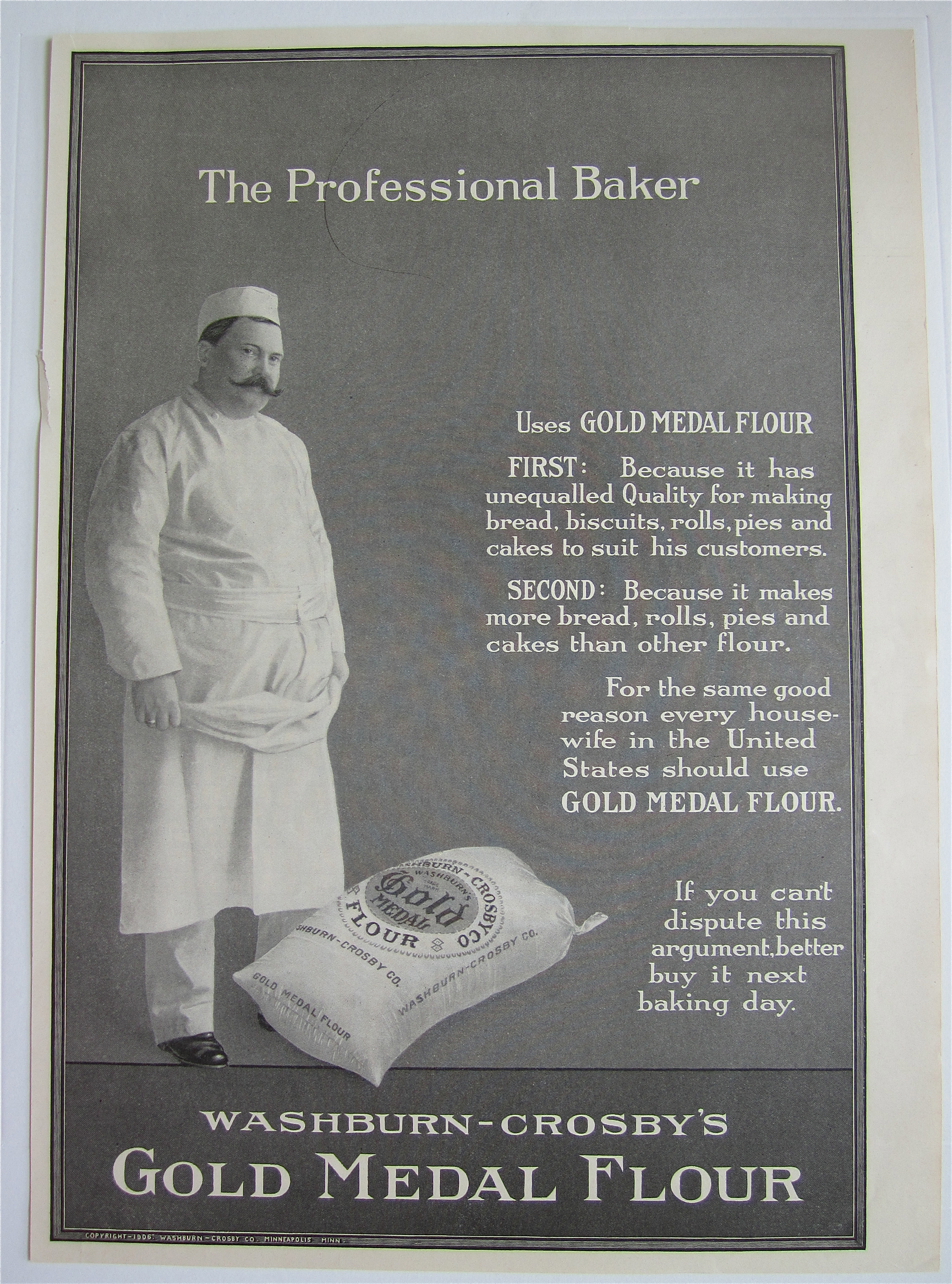 1907 Gold Medal Flour with Man Standing By Bag Of Flour