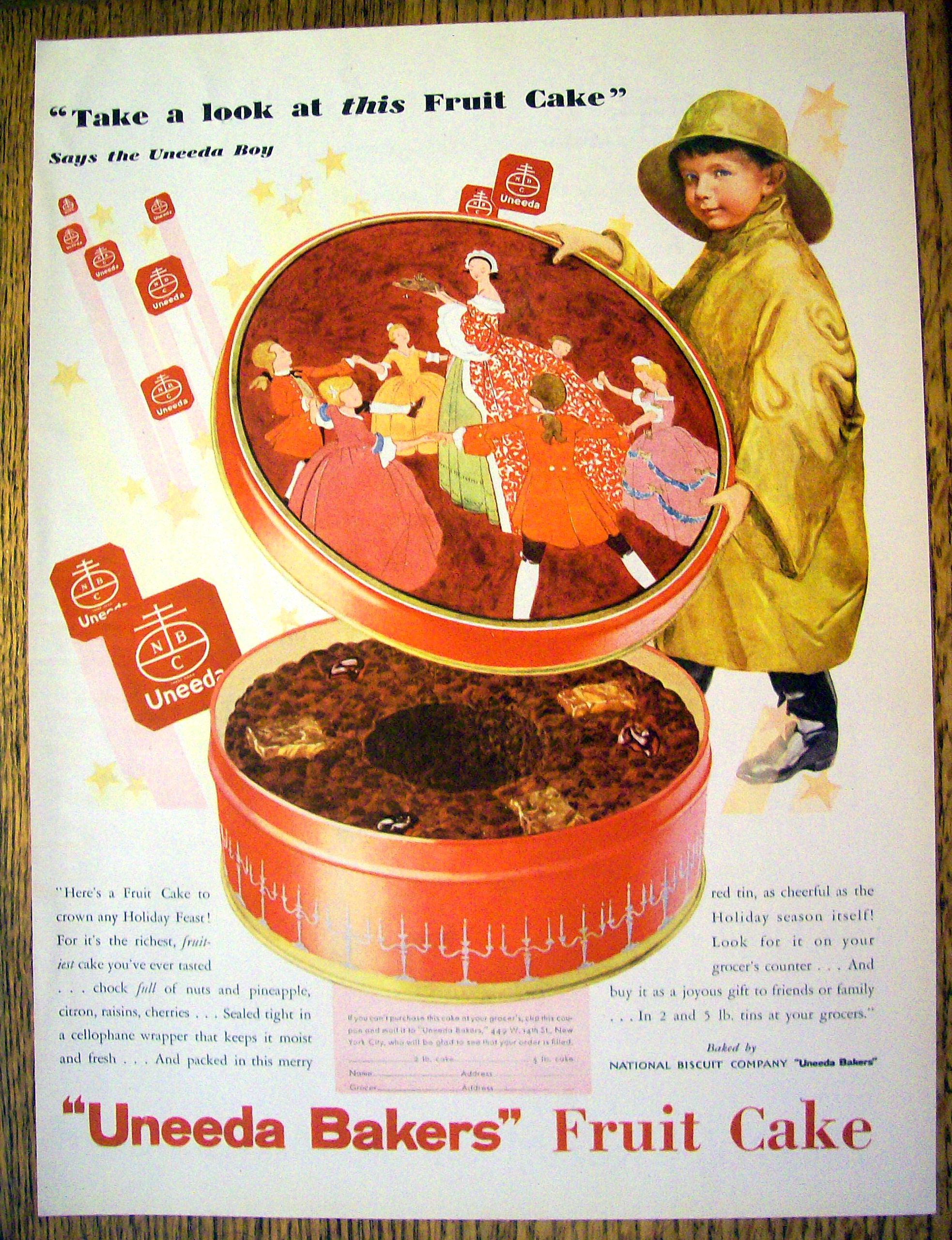 1930 Uneeda Fruit Cake with Boy in Raincoat