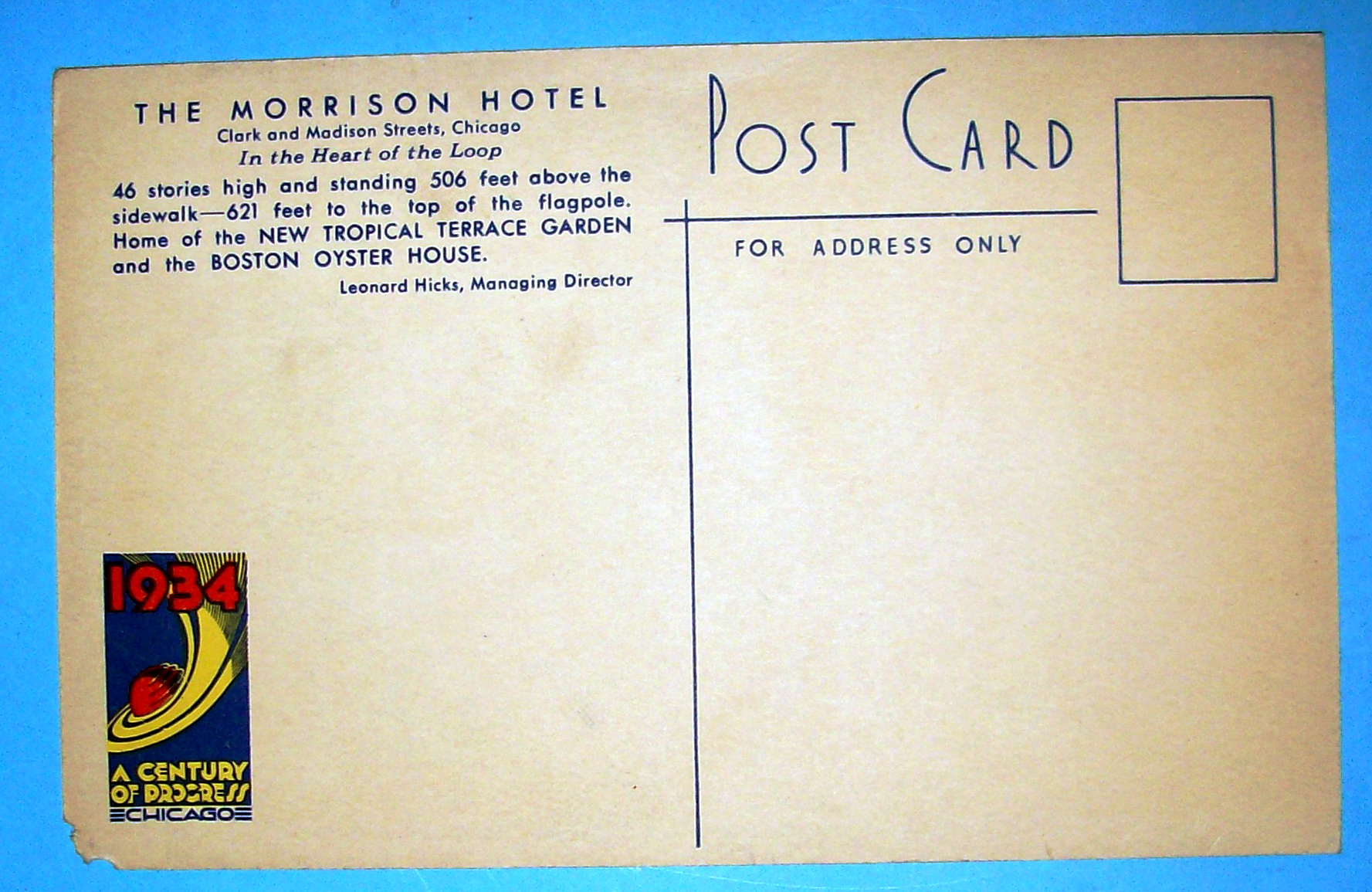 1933 Century of Progress, Morrison Hotel Postcard