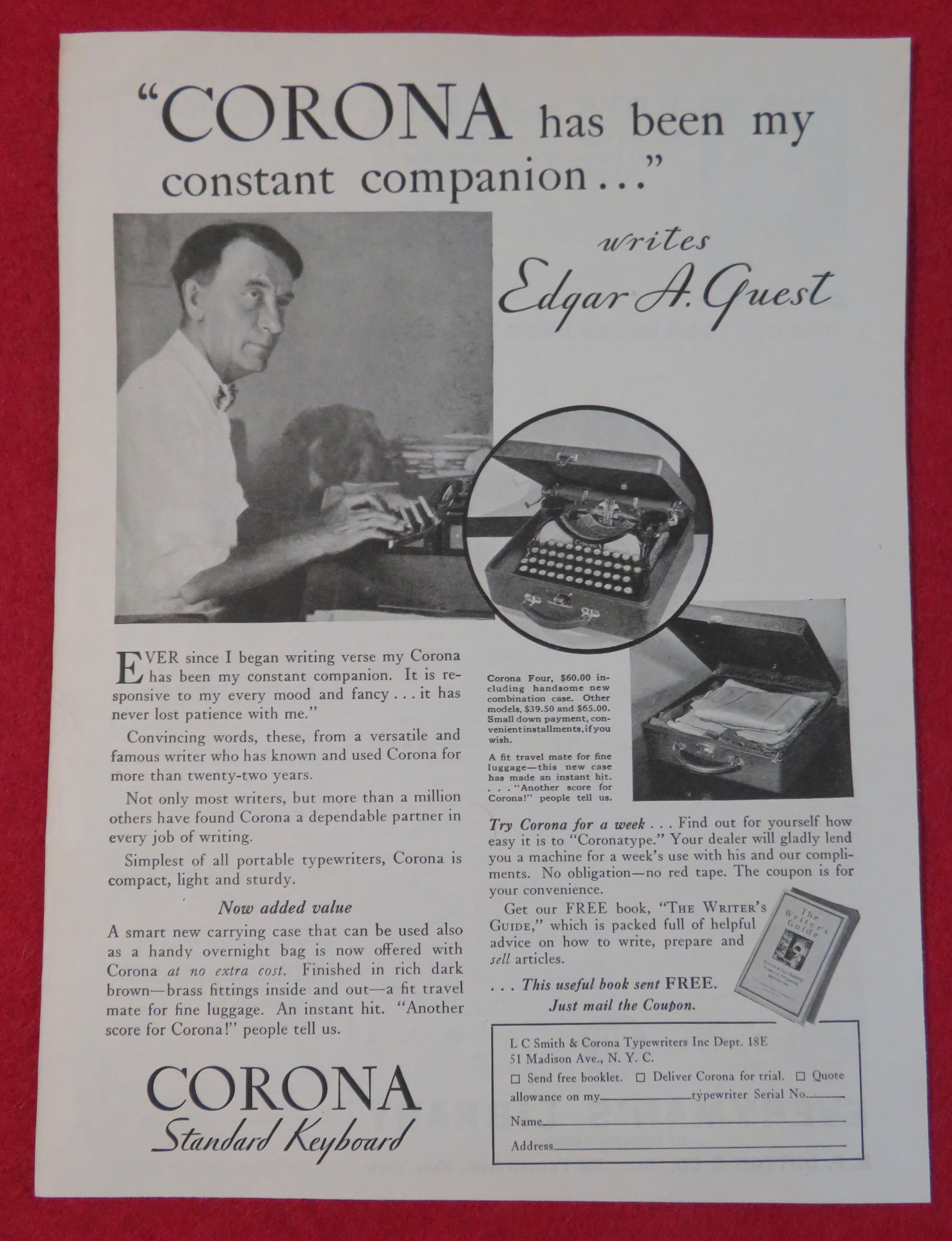 1931 Corona Typewriter with Edgar A Guest