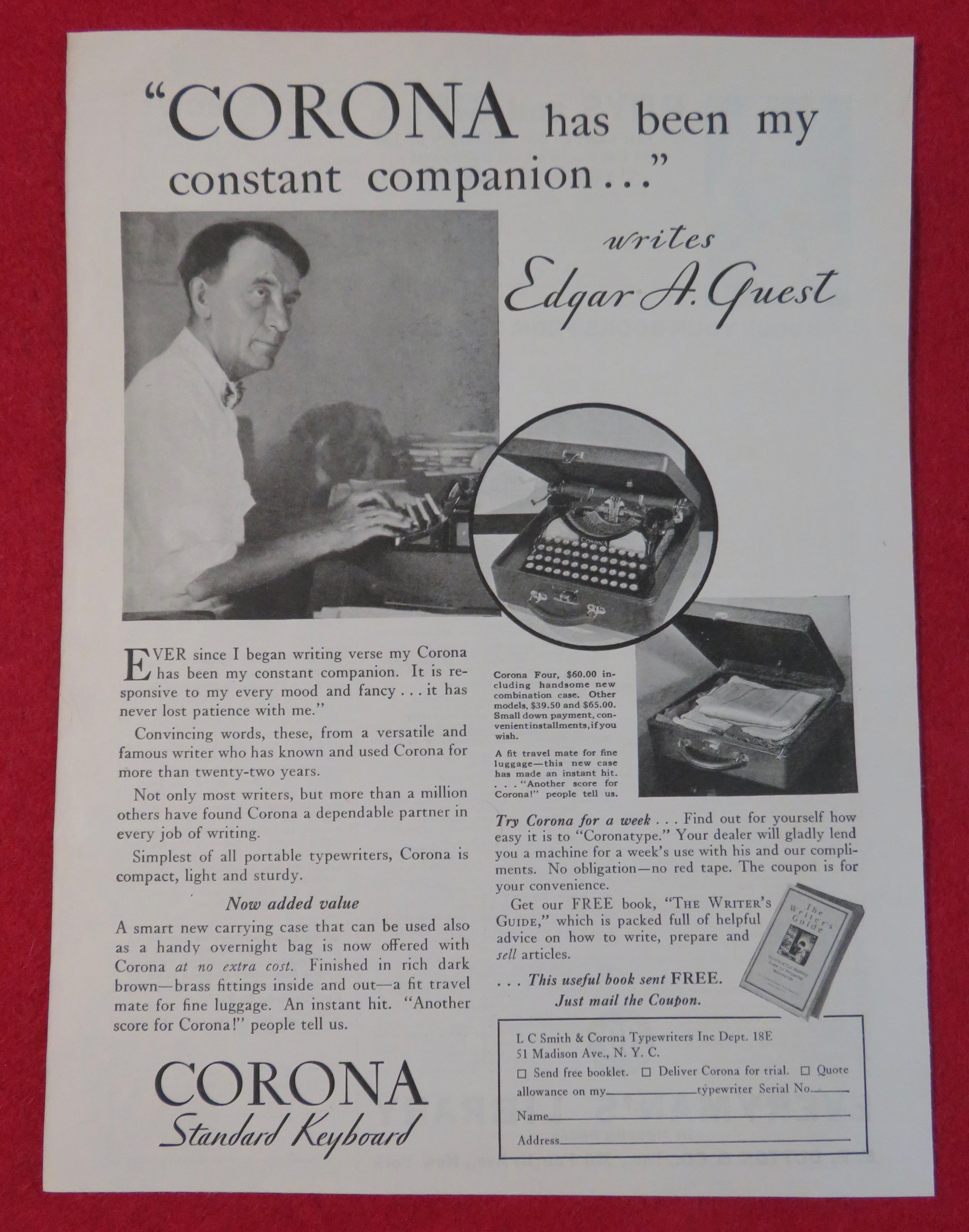 1931 Corona Typewriter with Edgar A Guest