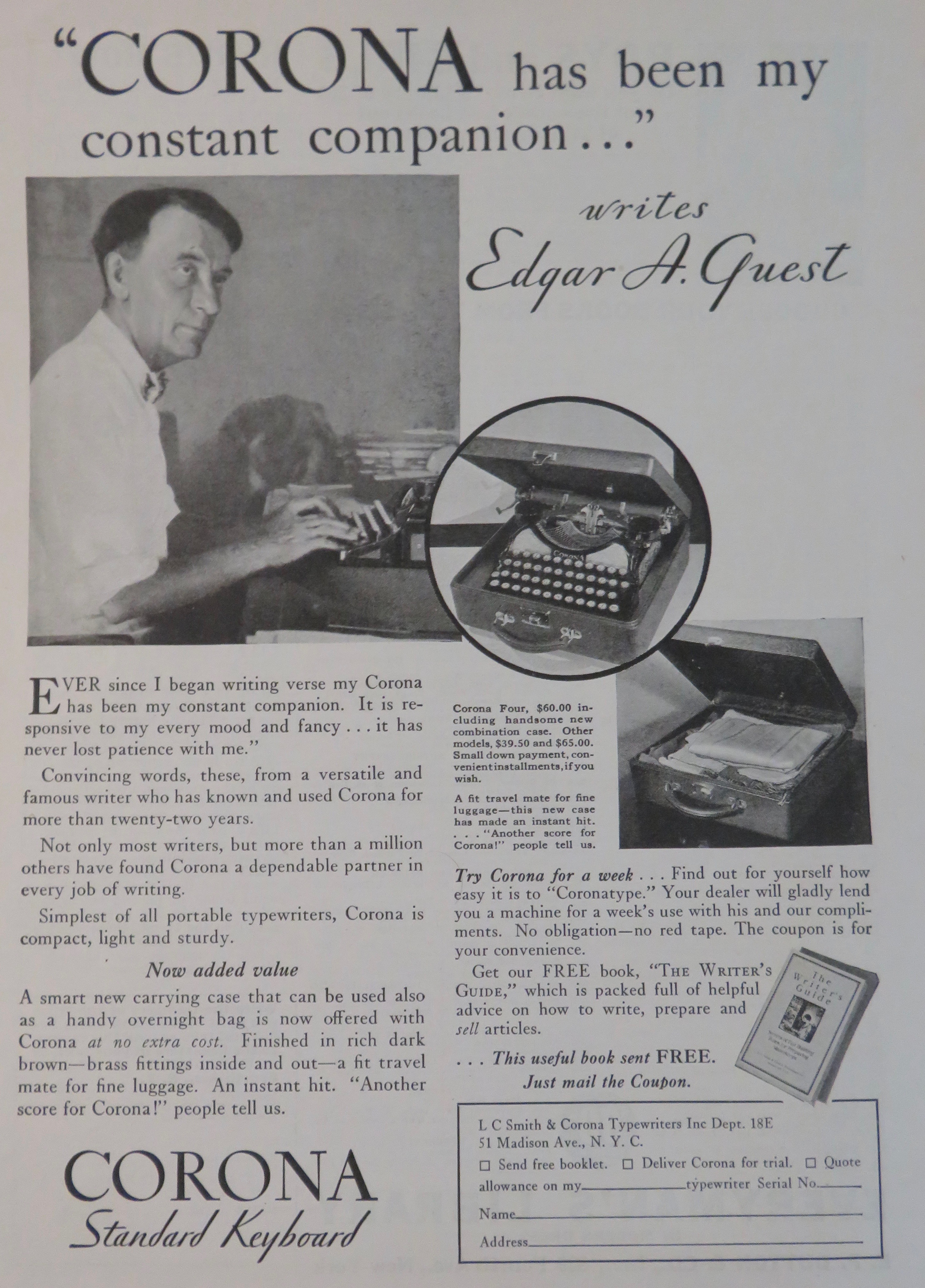 1931 Corona Typewriter with Edgar A Guest