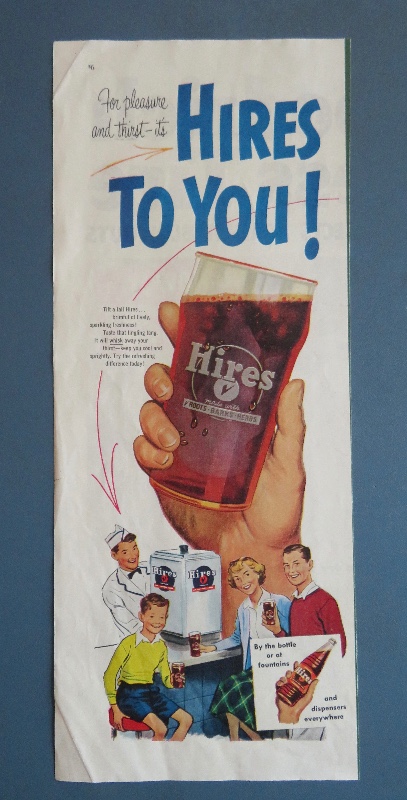 1952 Hires Root Beer with Hand Holding a Glass of Root Beer