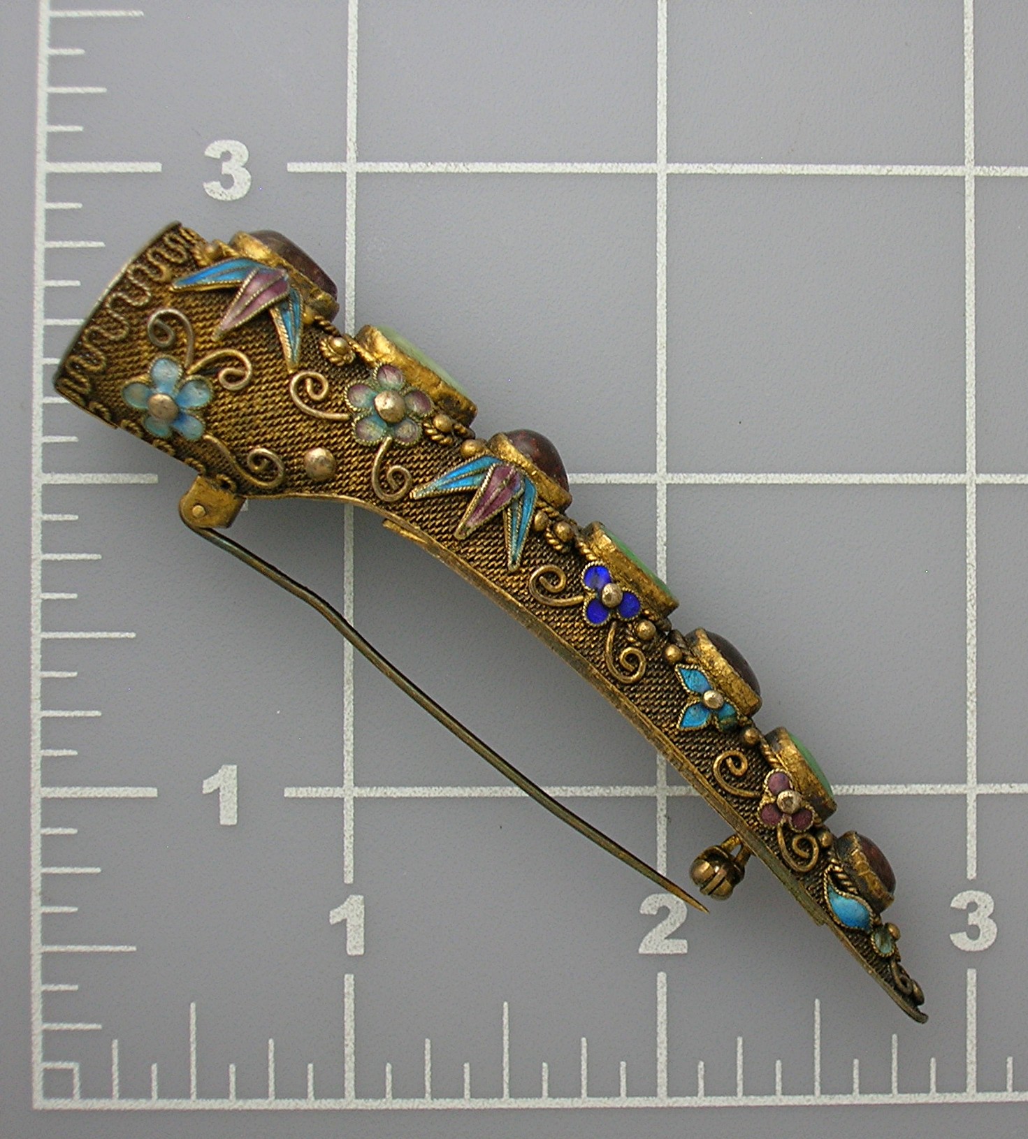 Oriental Chinese Jewel Silver Enamel Nail Guard brooch