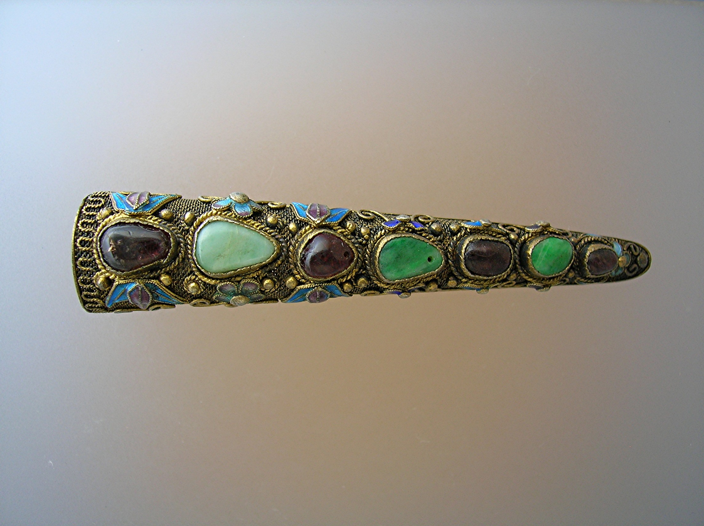 Oriental Chinese Jewel Silver Enamel Nail Guard brooch