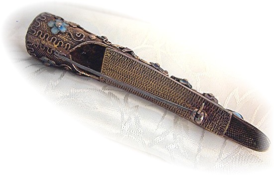 Oriental Chinese Jewel Silver Enamel Nail Guard brooch