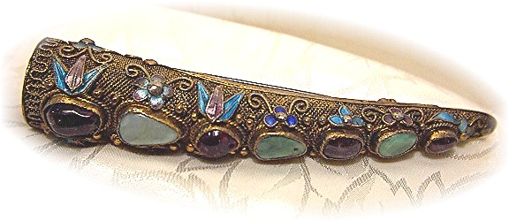Oriental Chinese Jewel Silver Enamel Nail Guard brooch