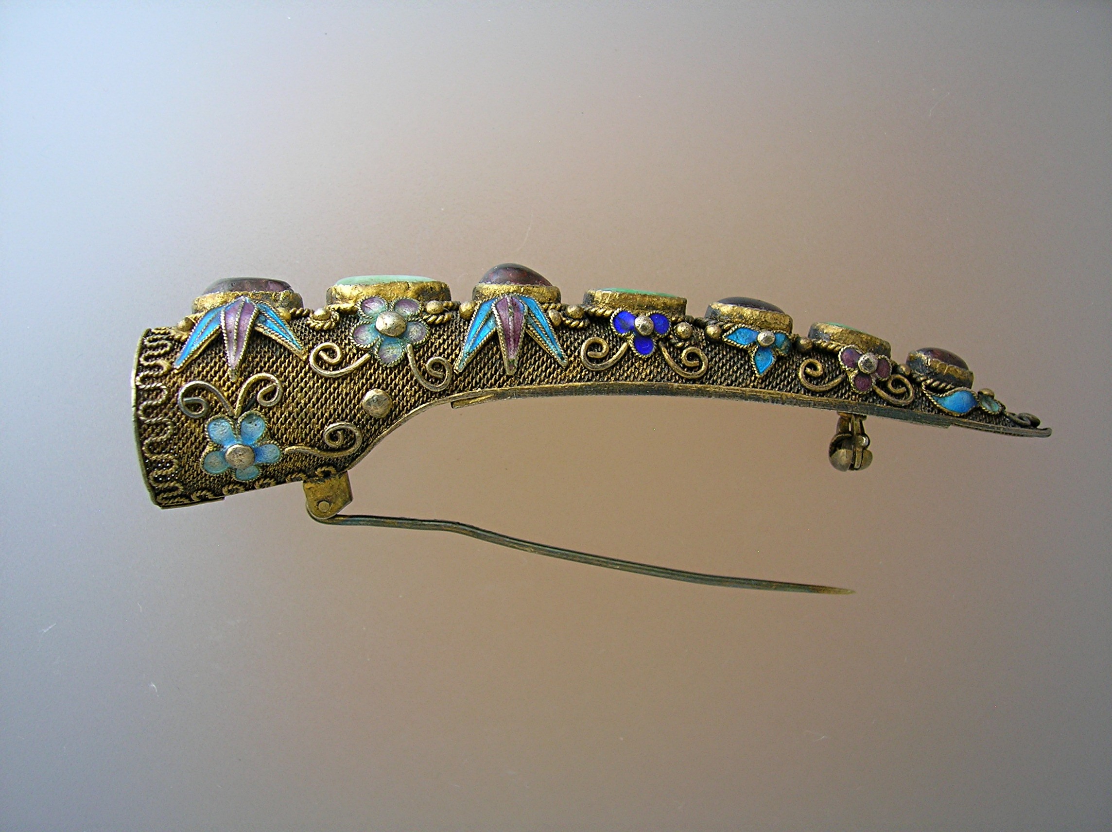 Oriental Chinese Jewel Silver Enamel Nail Guard brooch