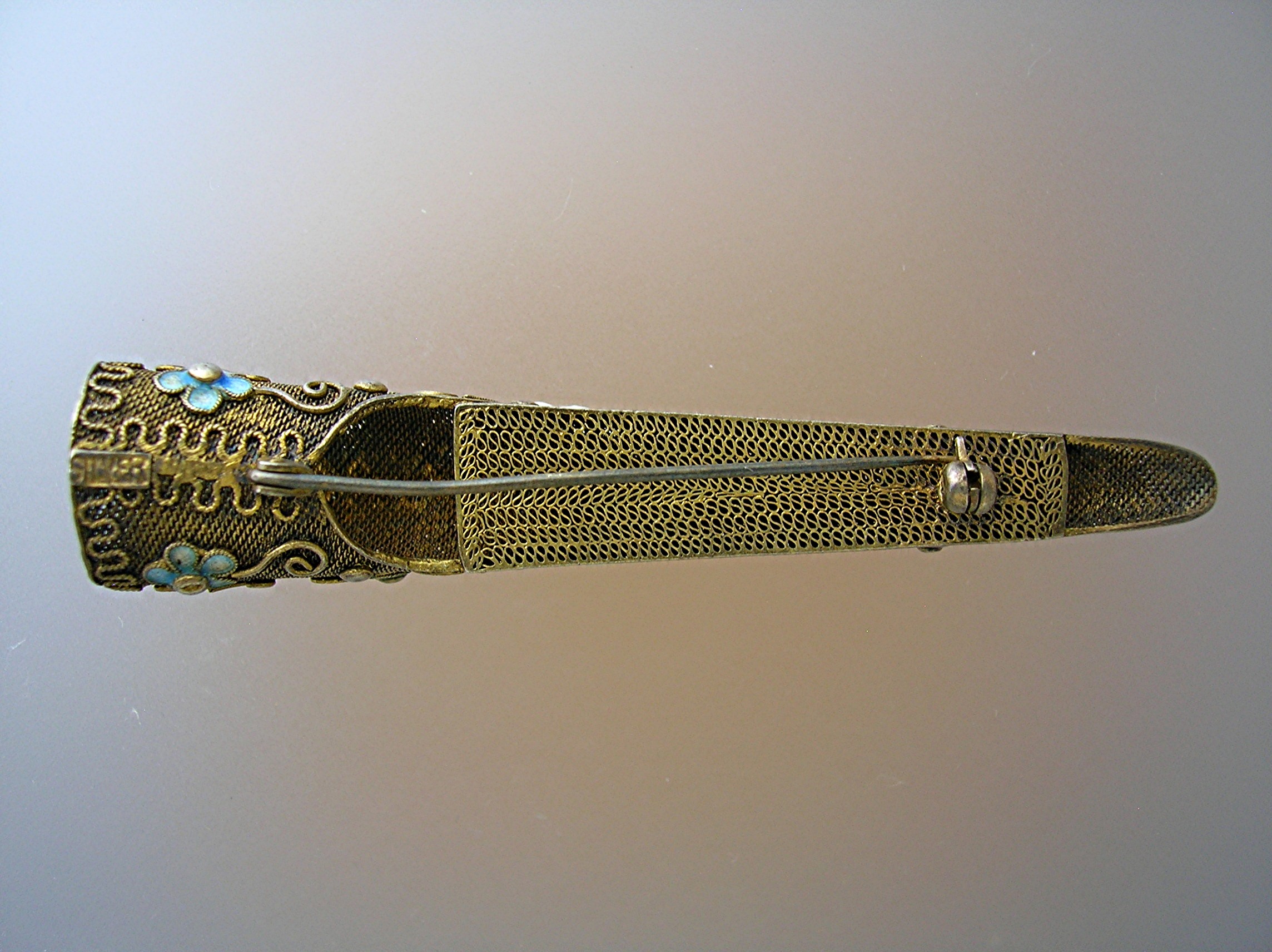 Oriental Chinese Jewel Silver Enamel Nail Guard brooch