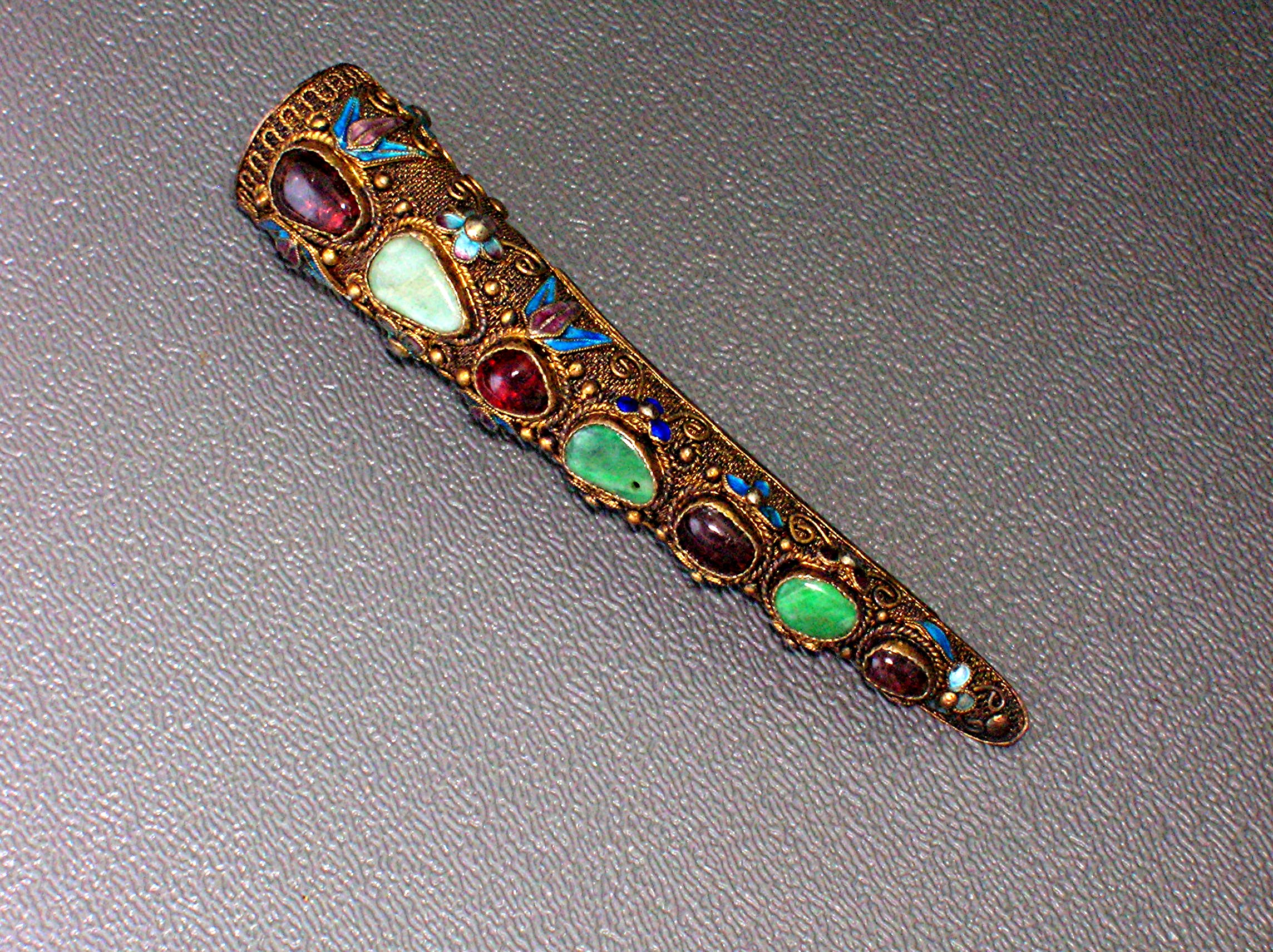 Oriental Chinese Jewel Silver Enamel Nail Guard brooch