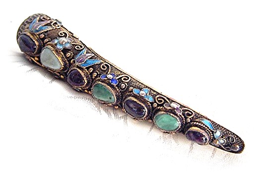 Oriental Chinese Jewel Silver Enamel Nail Guard brooch