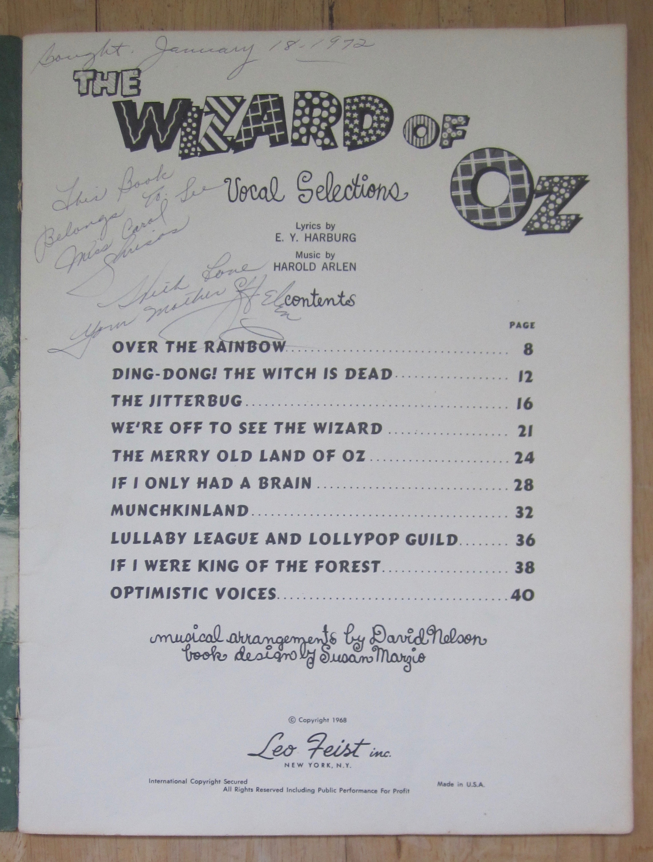 Sheet Music Book of 1972 The Wizard Of Oz