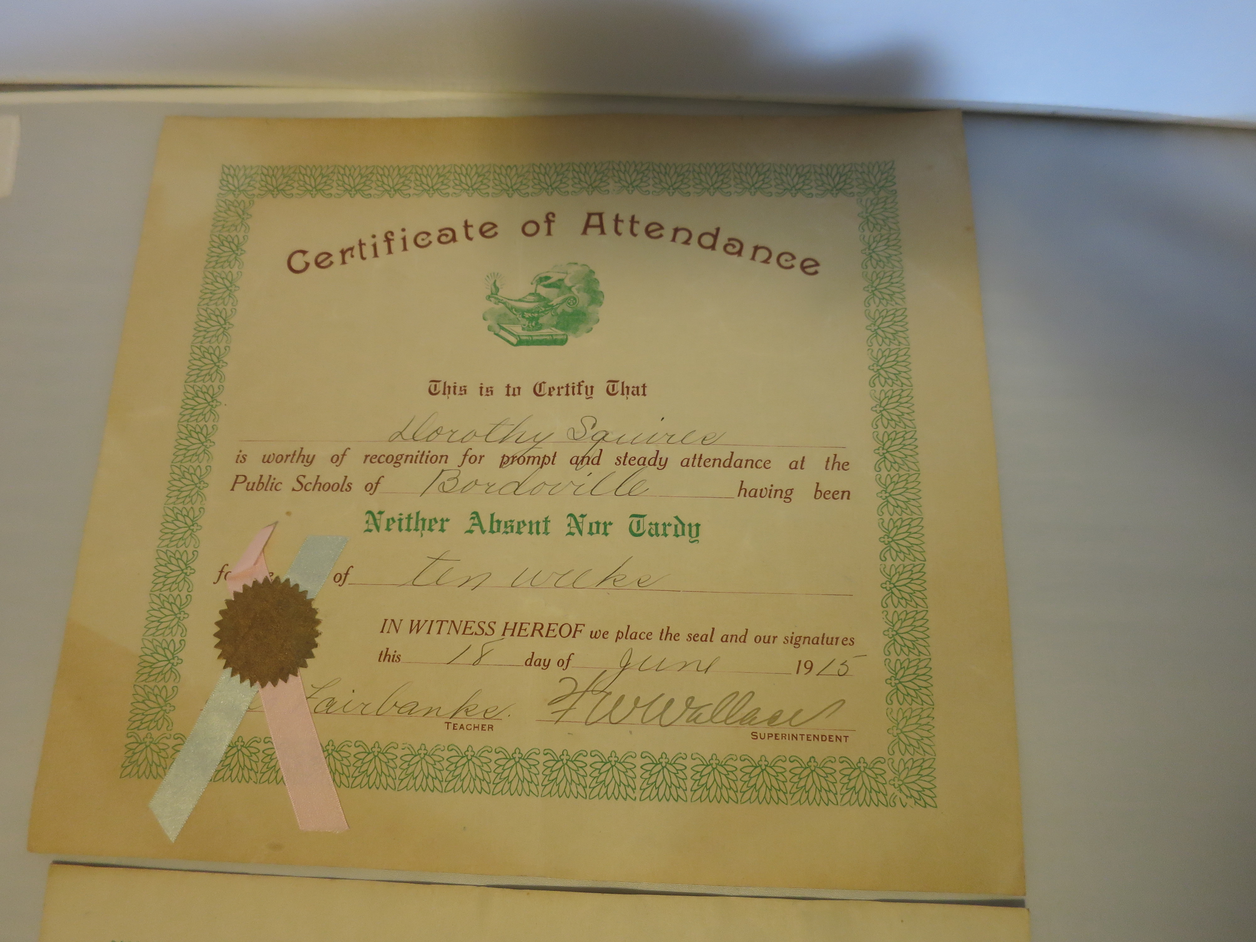 Certificate of Attendance Public Schools of Bordoville 1915 1916