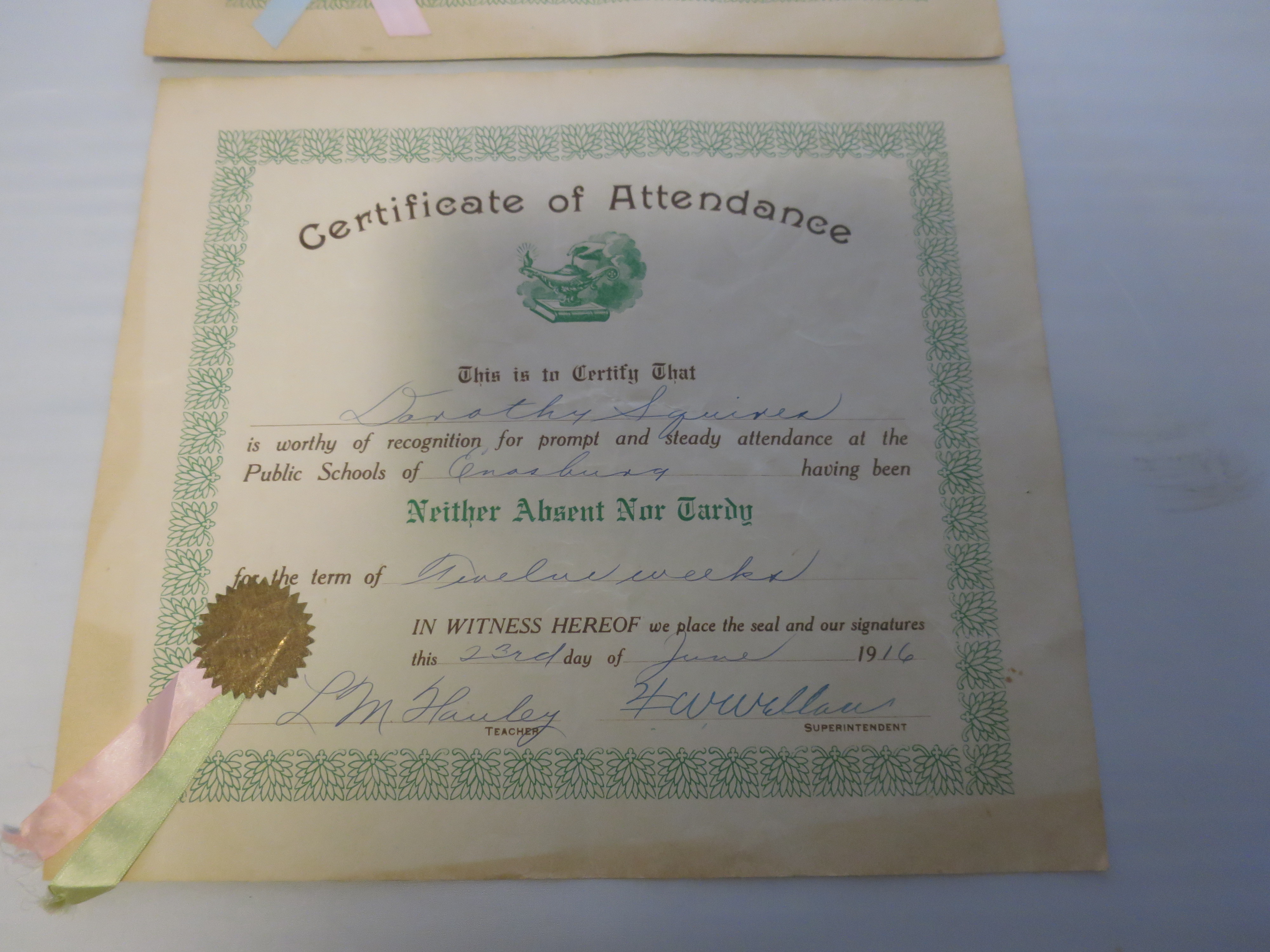 Certificate of Attendance Public Schools of Bordoville 1915 1916