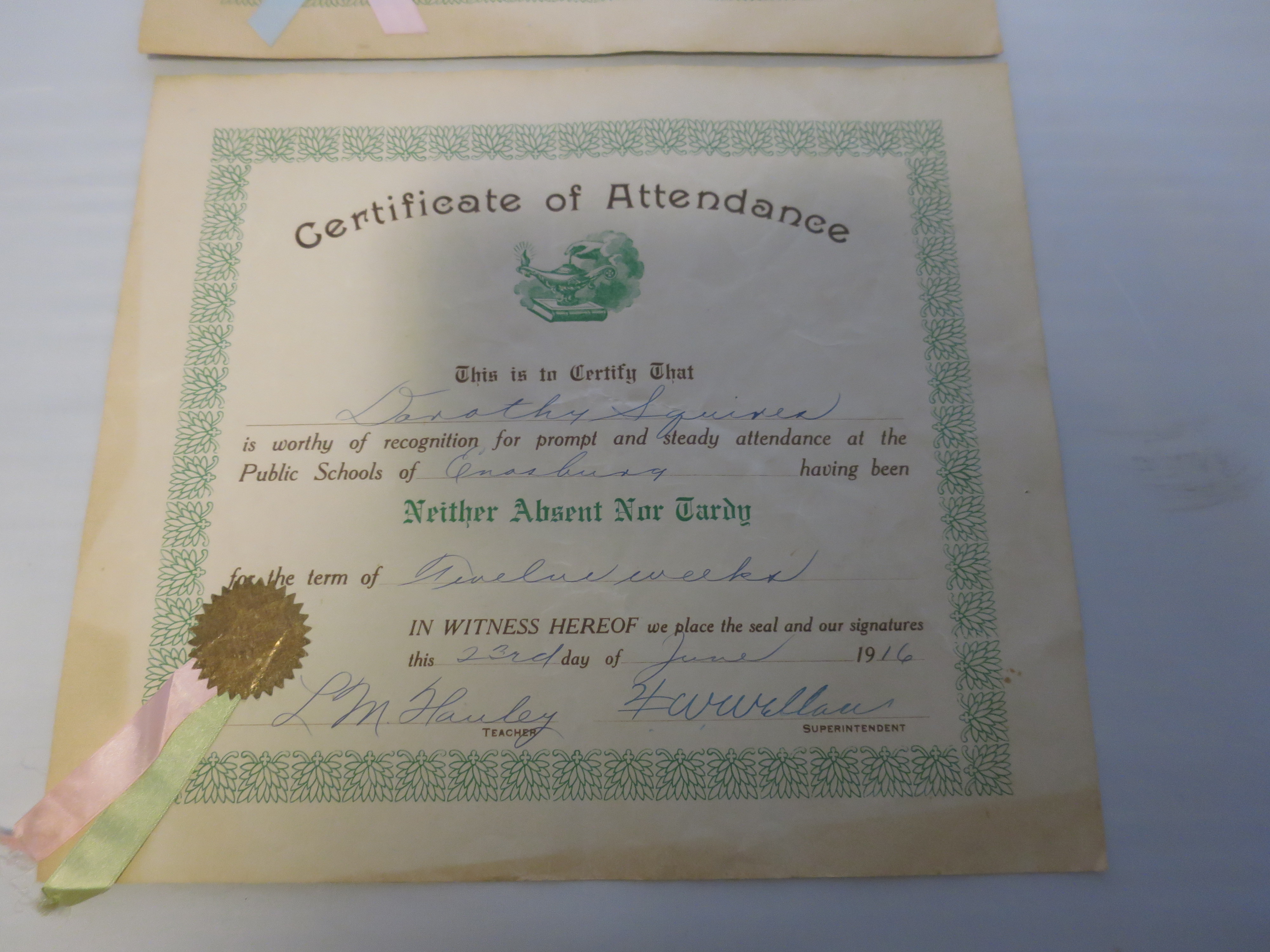 Certificate of Attendance Public Schools of Bordoville 1915 1916