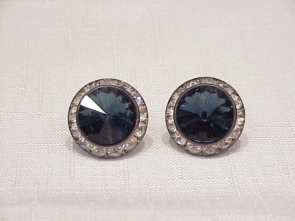 Dark Blue Rivoli And Clear Rhinestone Pierced Earrings
