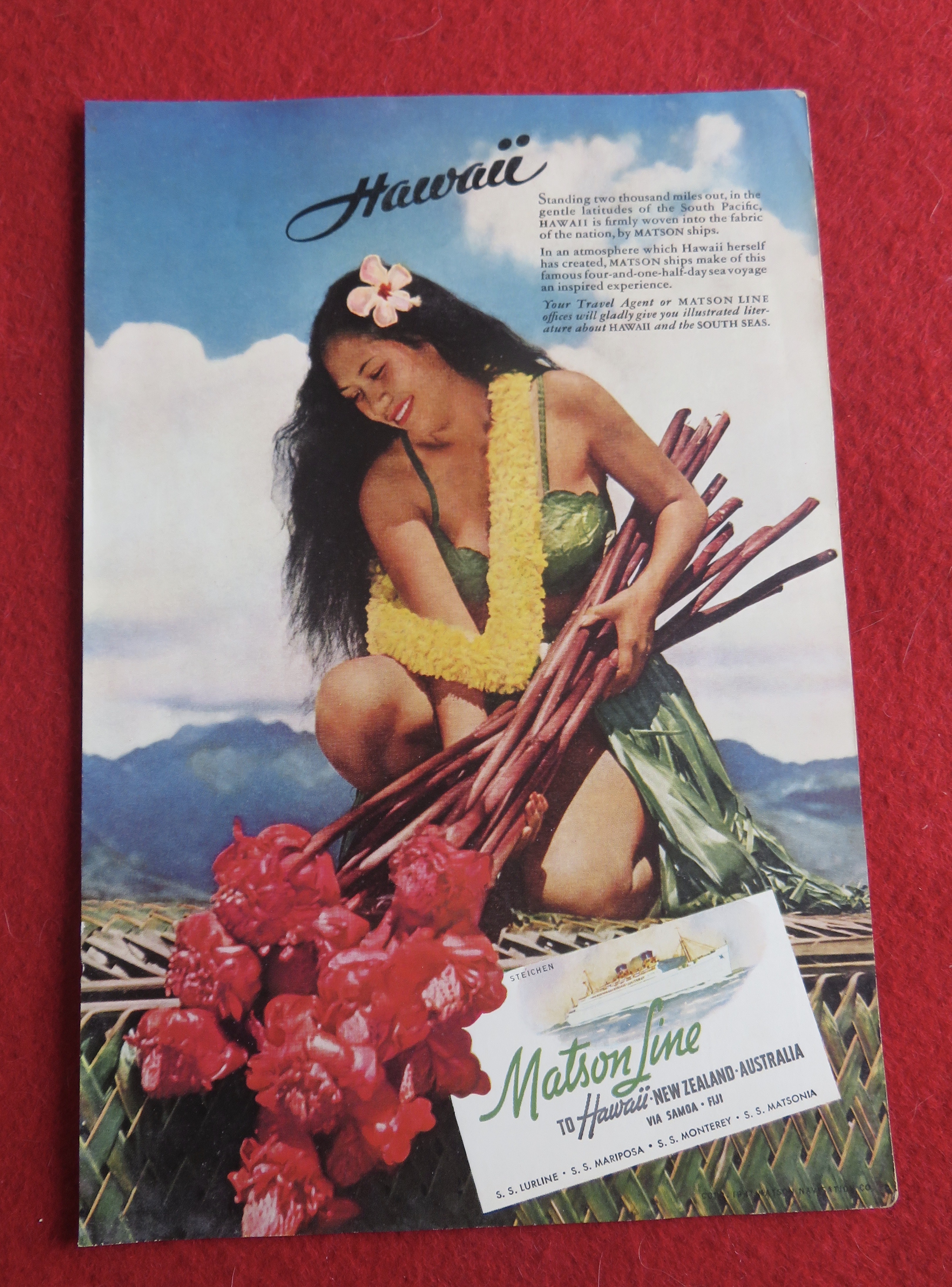 1941 Matson Line To Hawaii w/ Hawaiian Woman & Flowers