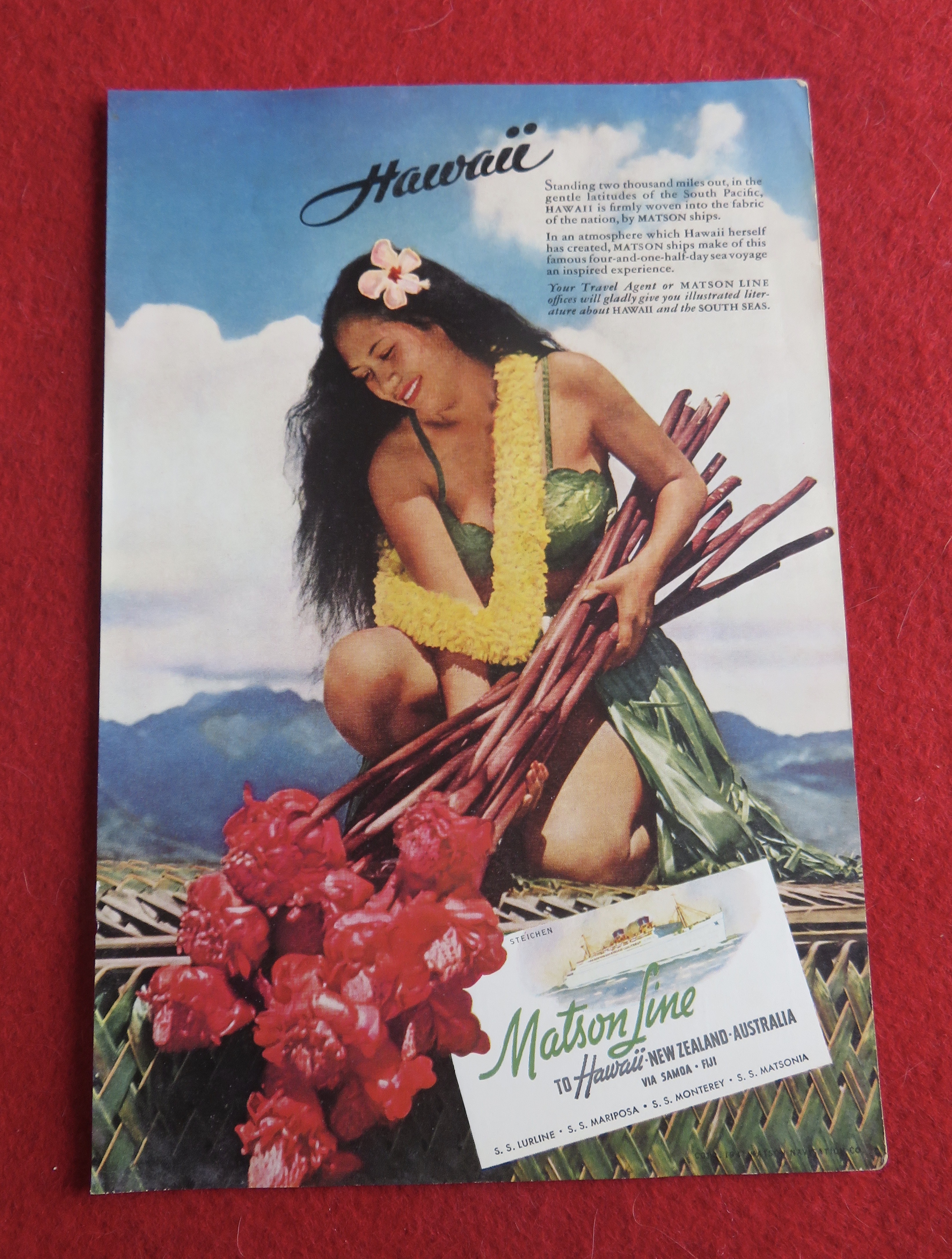 1941 Matson Line To Hawaii w/ Hawaiian Woman & Flowers