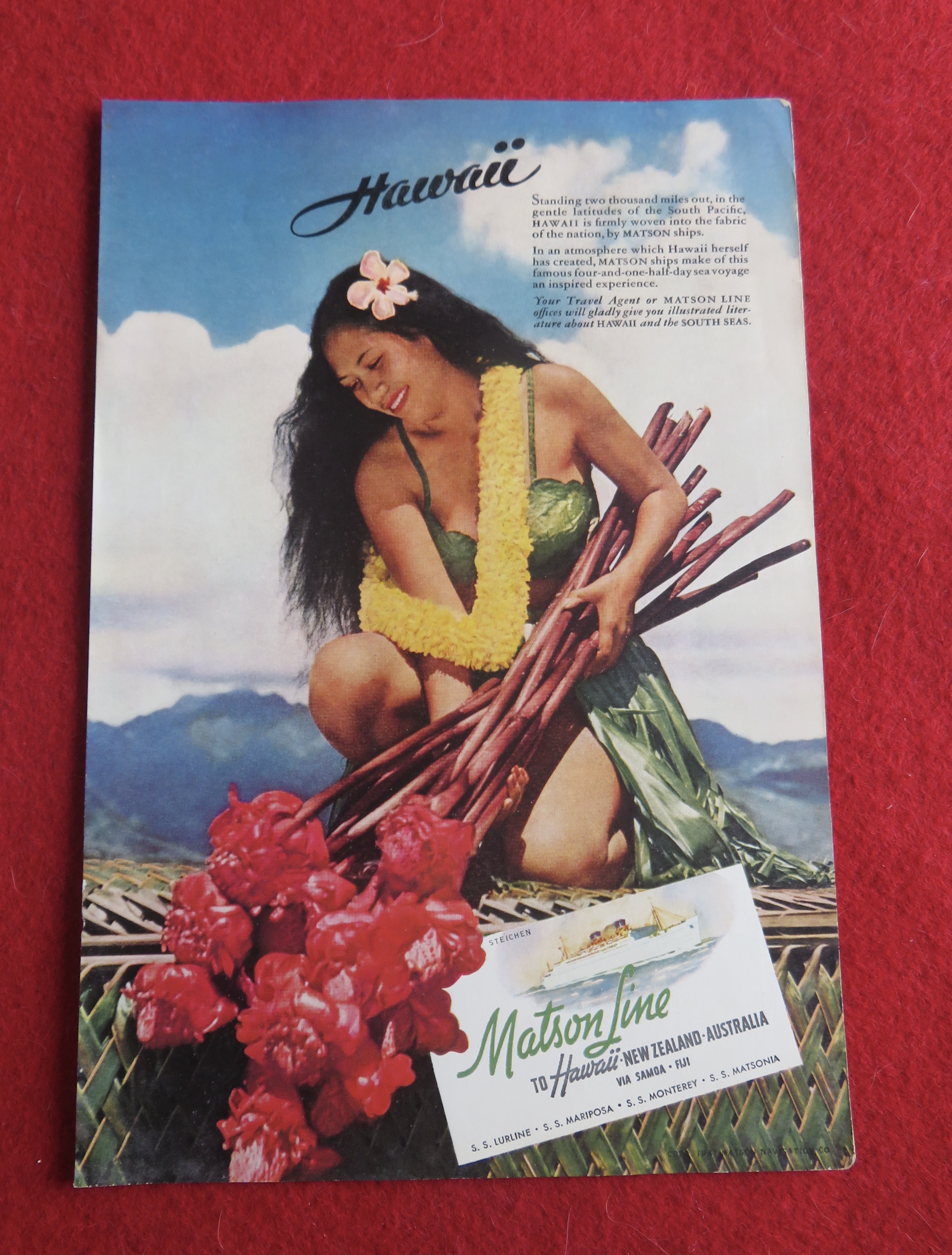 1941 Matson Line To Hawaii w/ Hawaiian Woman & Flowers