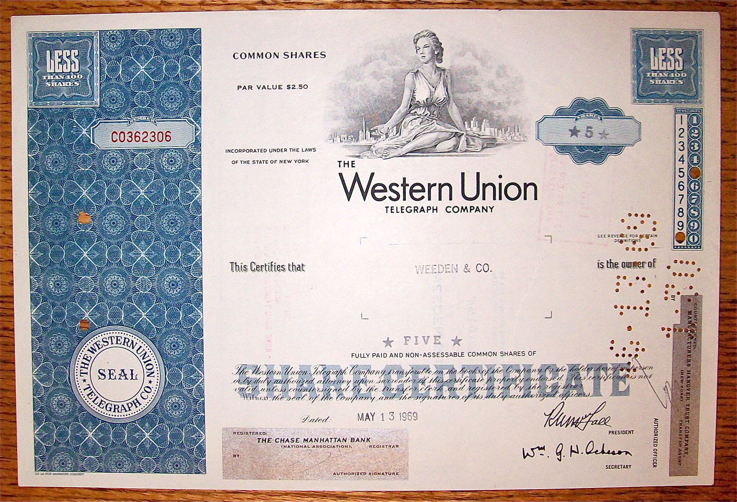 1969 Western Union Telegraph Company Stock Certificate