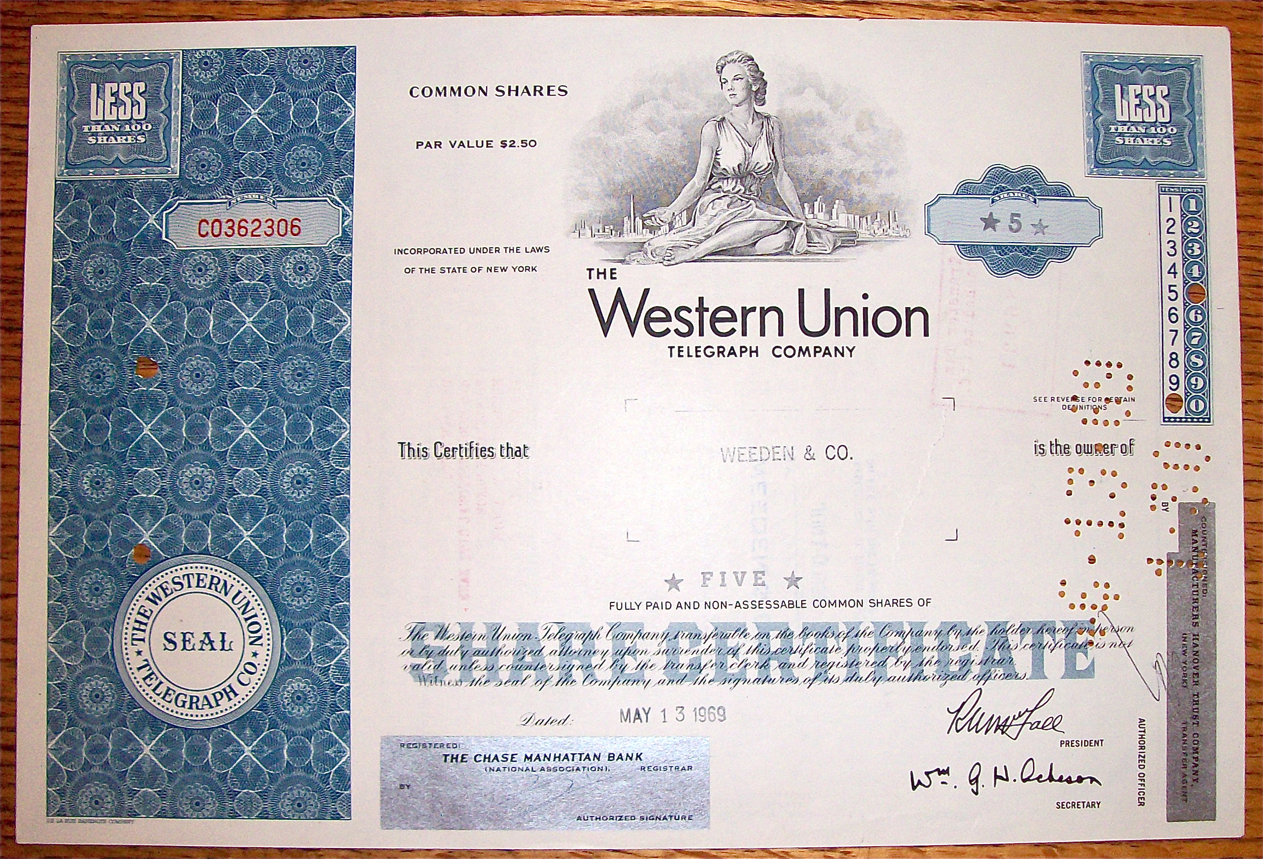 1969 Western Union Telegraph Company Stock Certificate