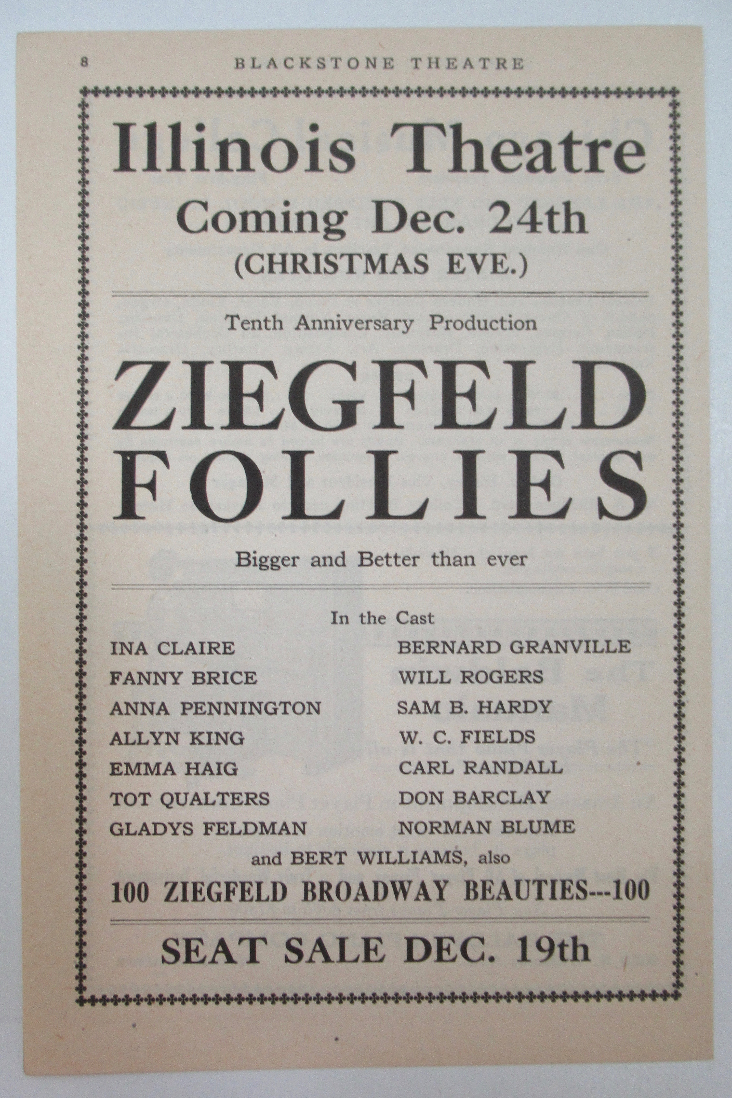 1917 Illinois Theatre with Ziegfeld Follies