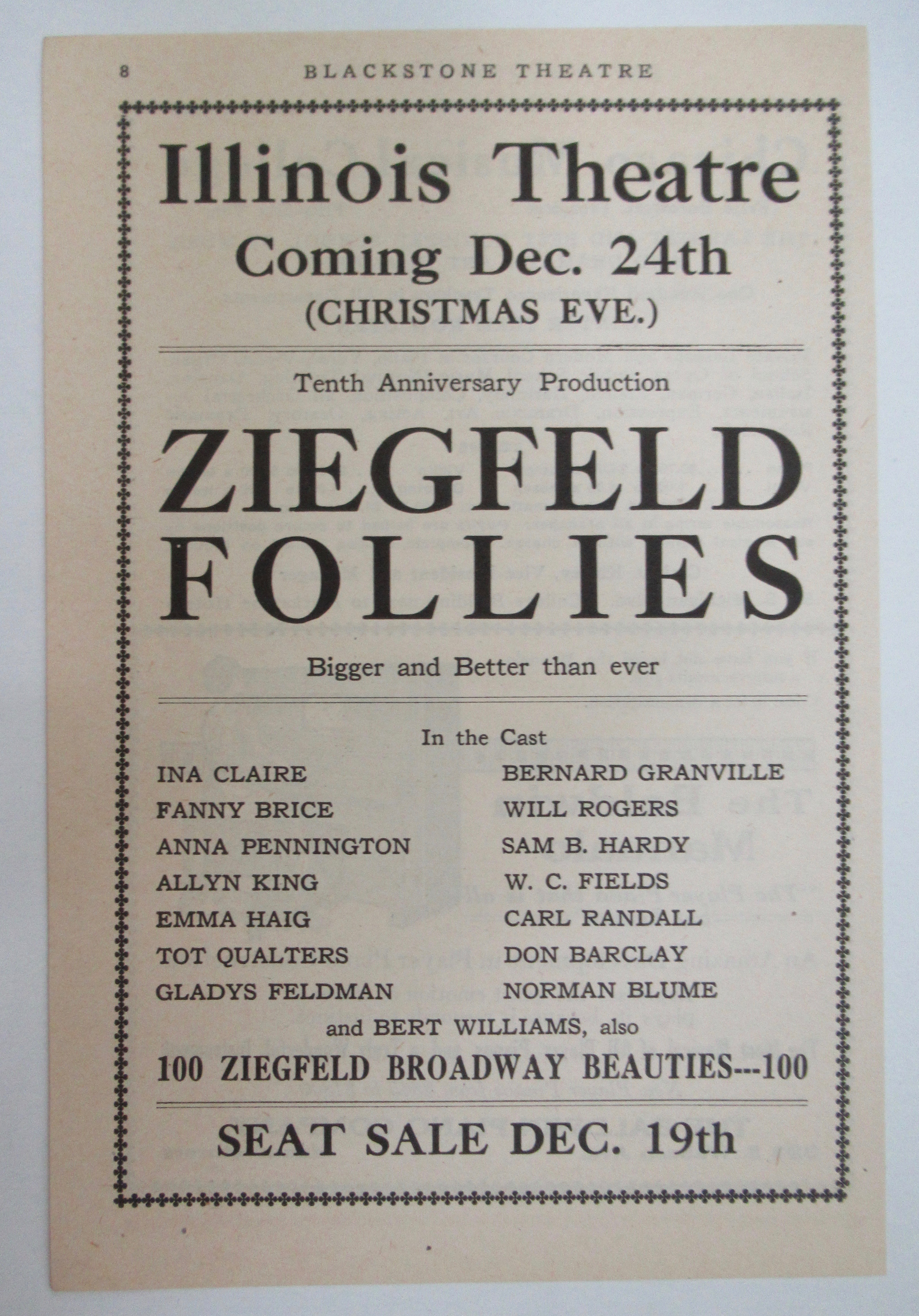 1917 Illinois Theatre with Ziegfeld Follies