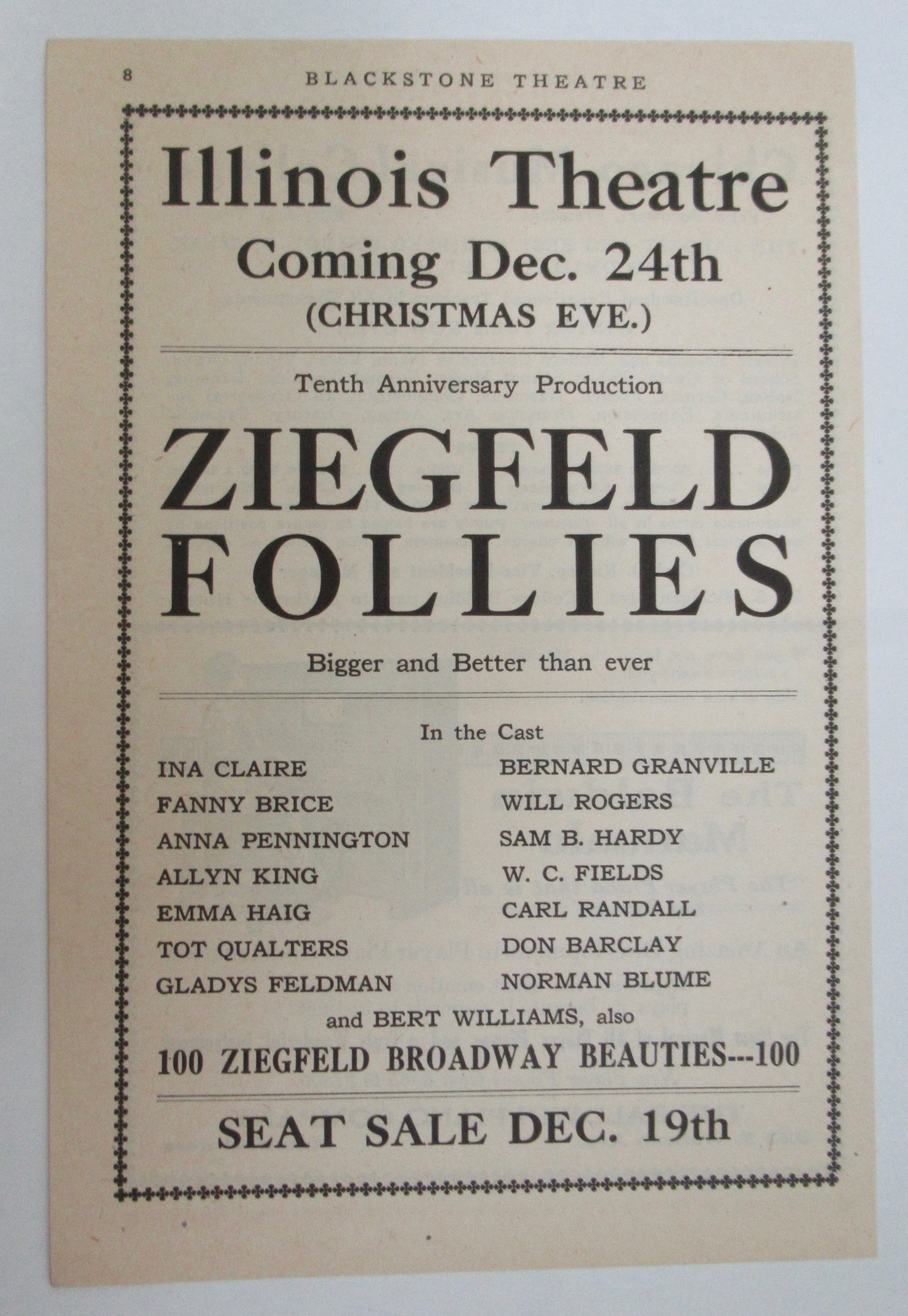 1917 Illinois Theatre with Ziegfeld Follies