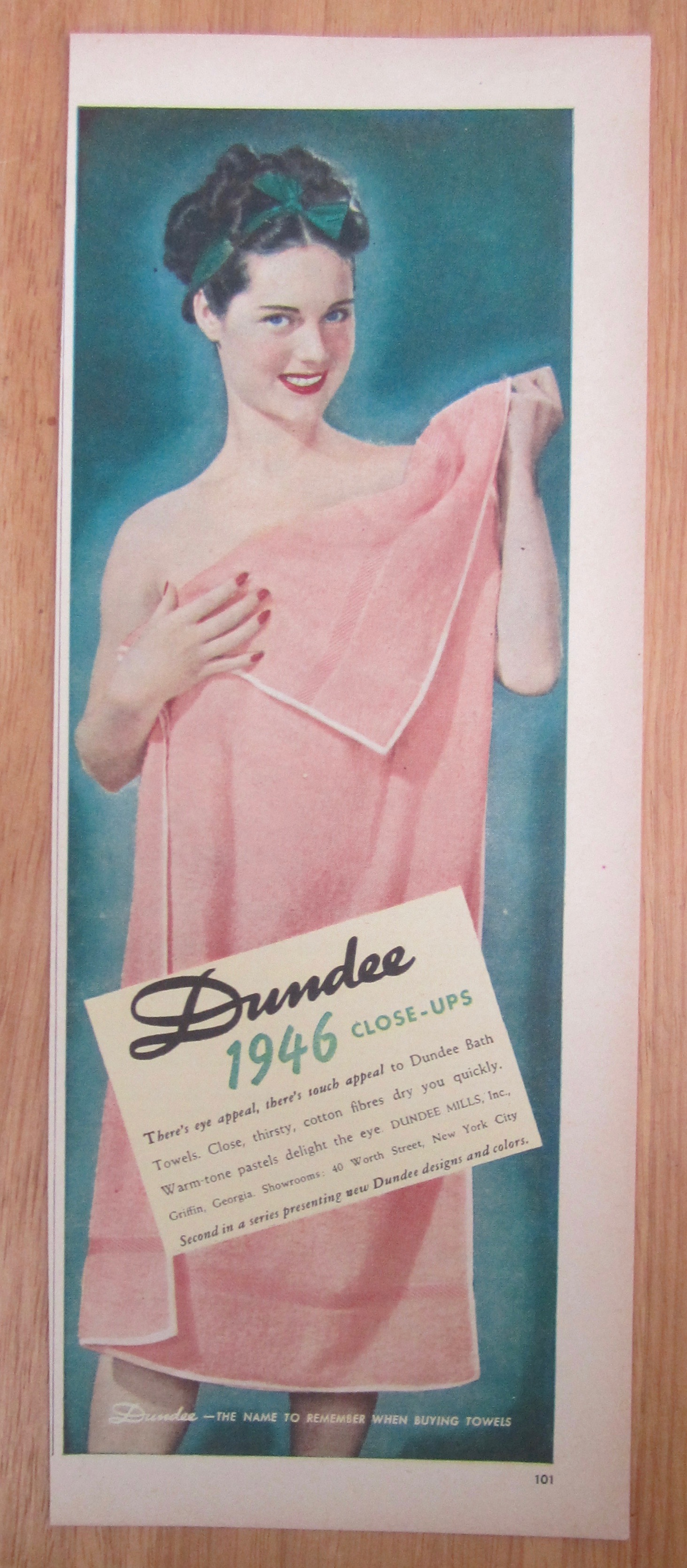 1946 Dundee Towels with Woman Holding Up Towel