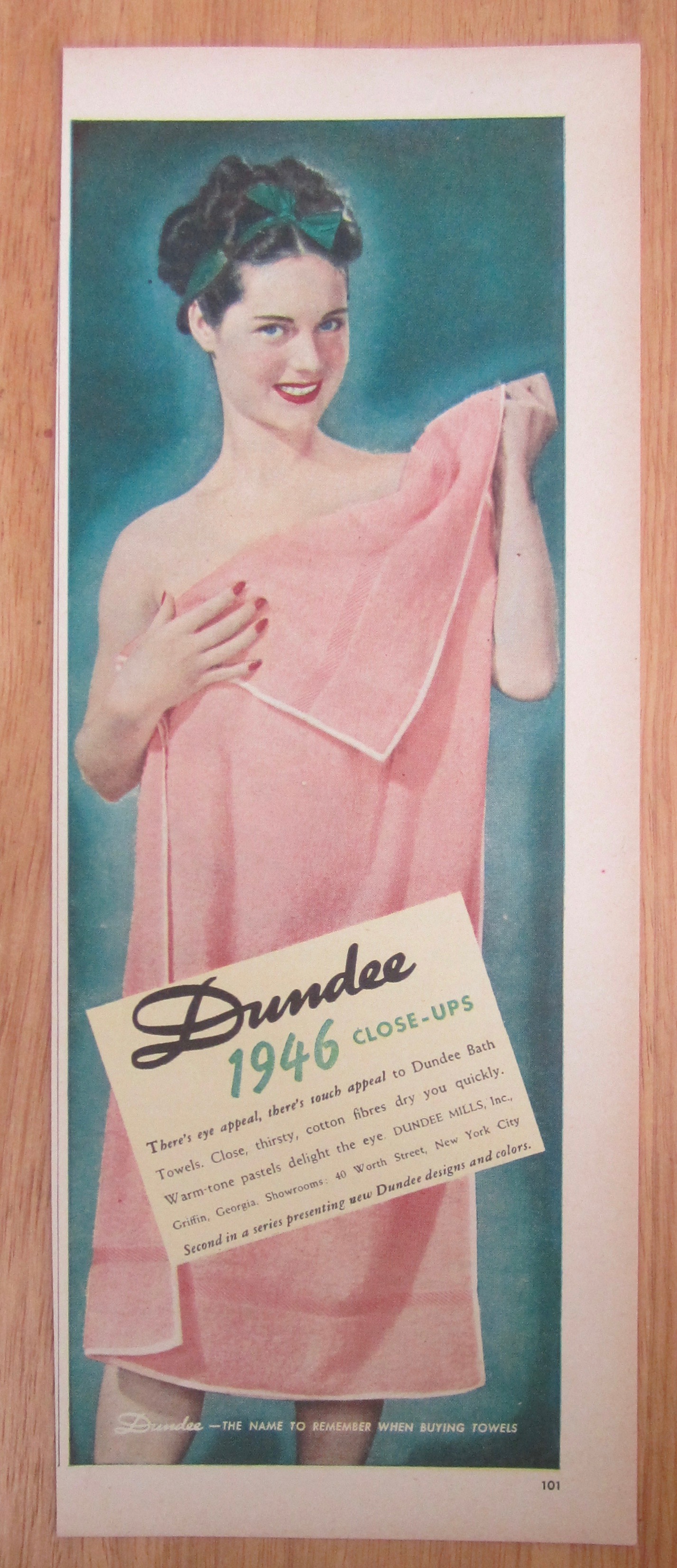 1946 Dundee Towels with Woman Holding Up Towel