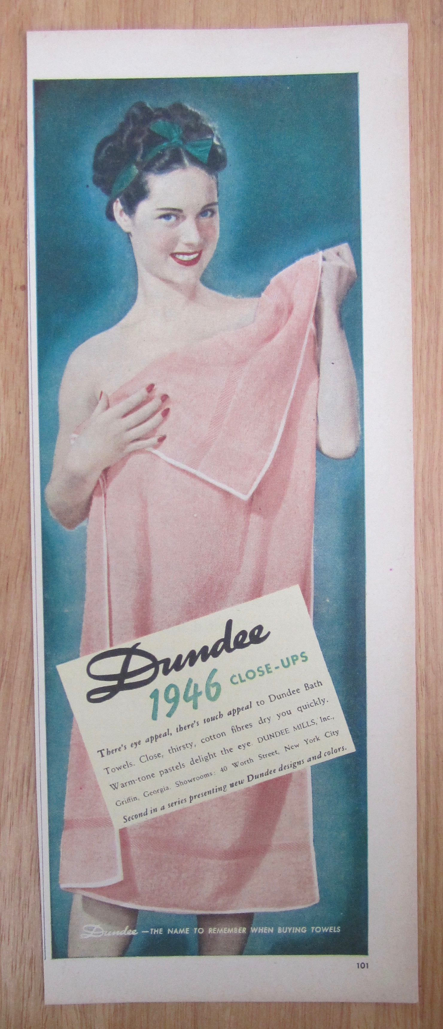 1946 Dundee Towels with Woman Holding Up Towel