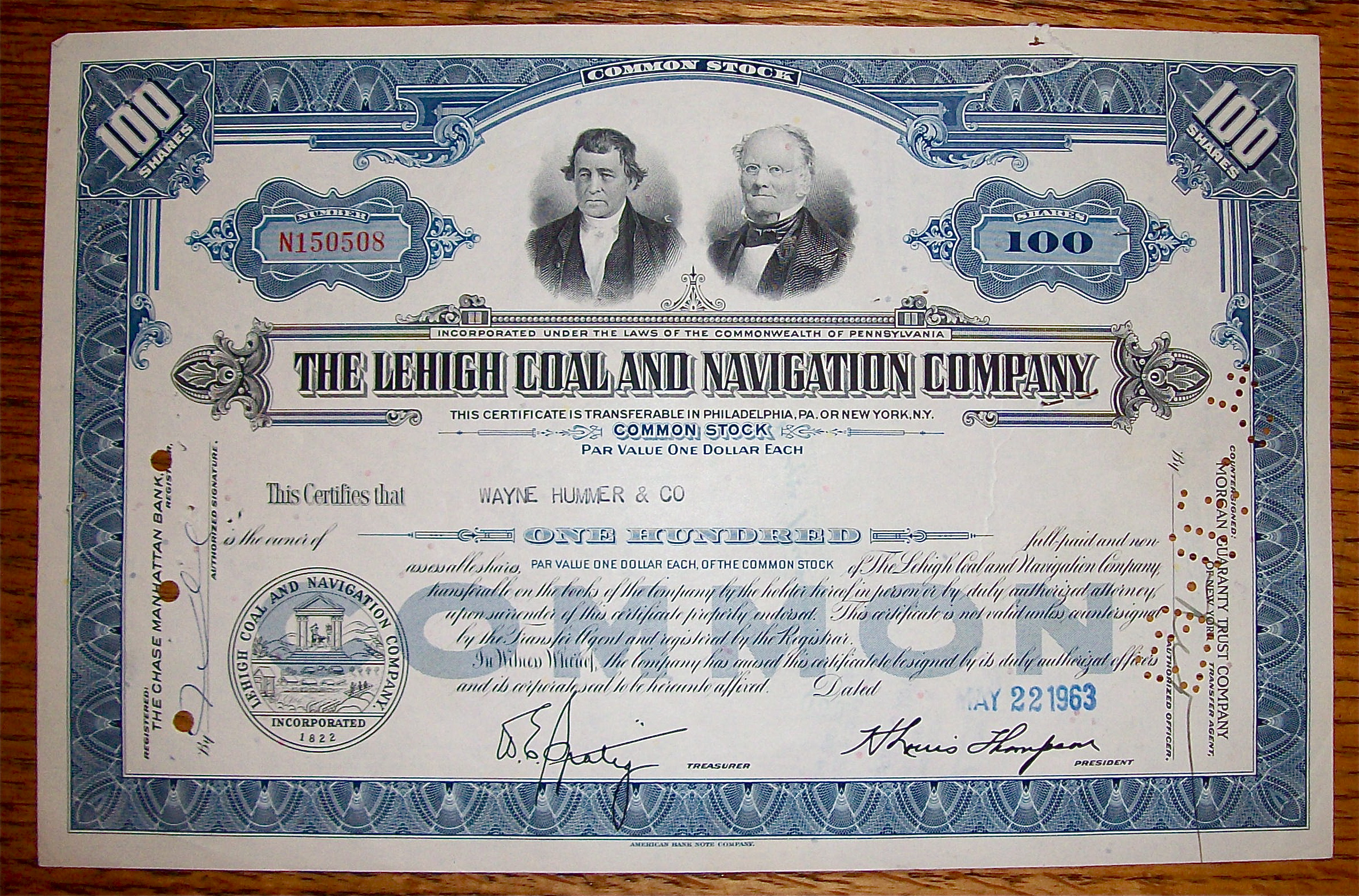 1962 LeHigh Coal & Navigation Company Stock Certificate
