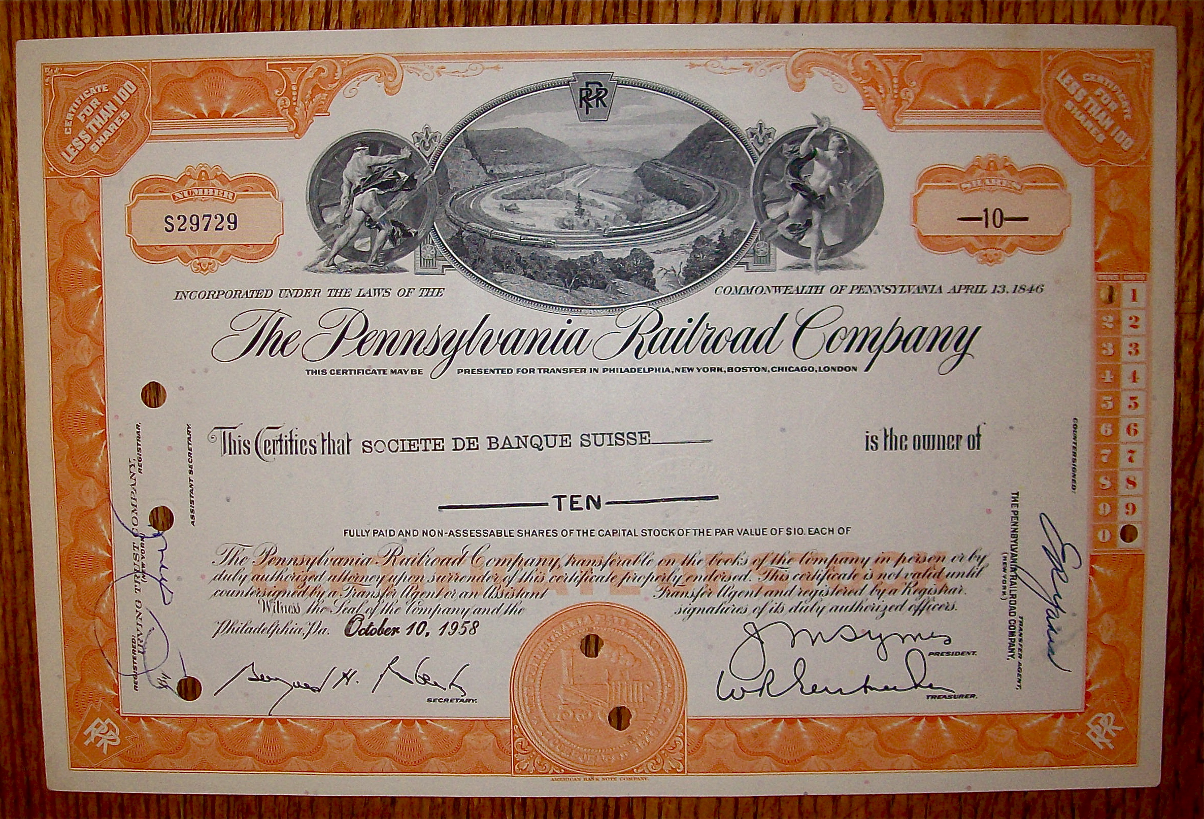 1958 Pennsylvania Railroad Company Stock Certificate