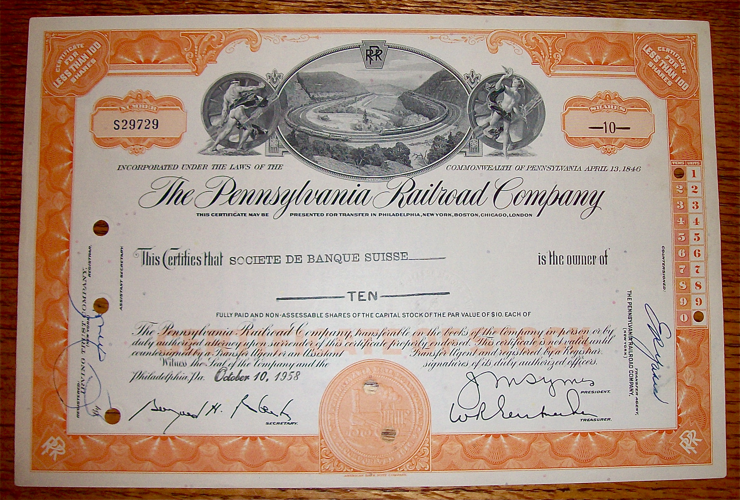 1958 Pennsylvania Railroad Company Stock Certificate