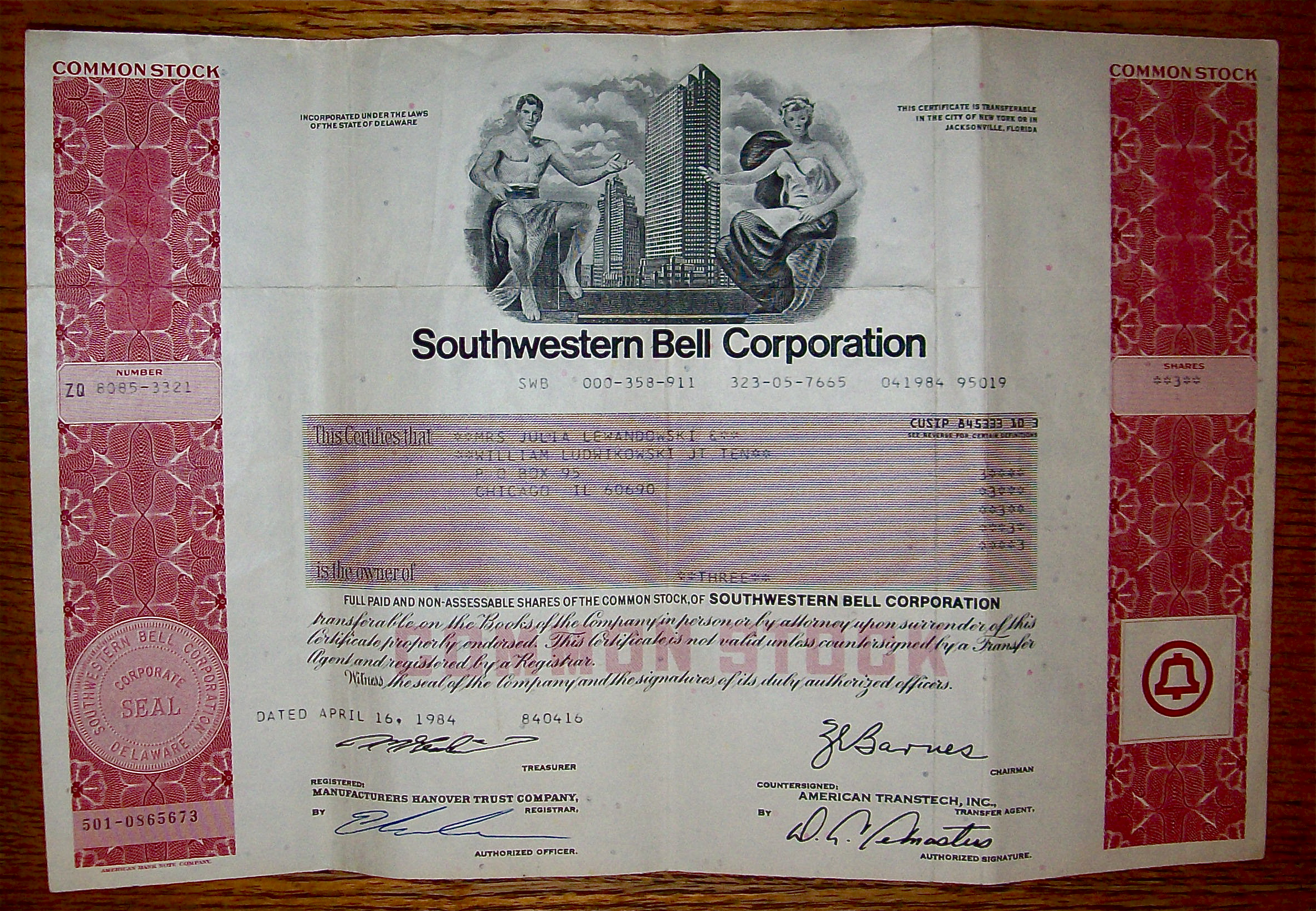 1984 Southern Bell Corporation Stock Certificate