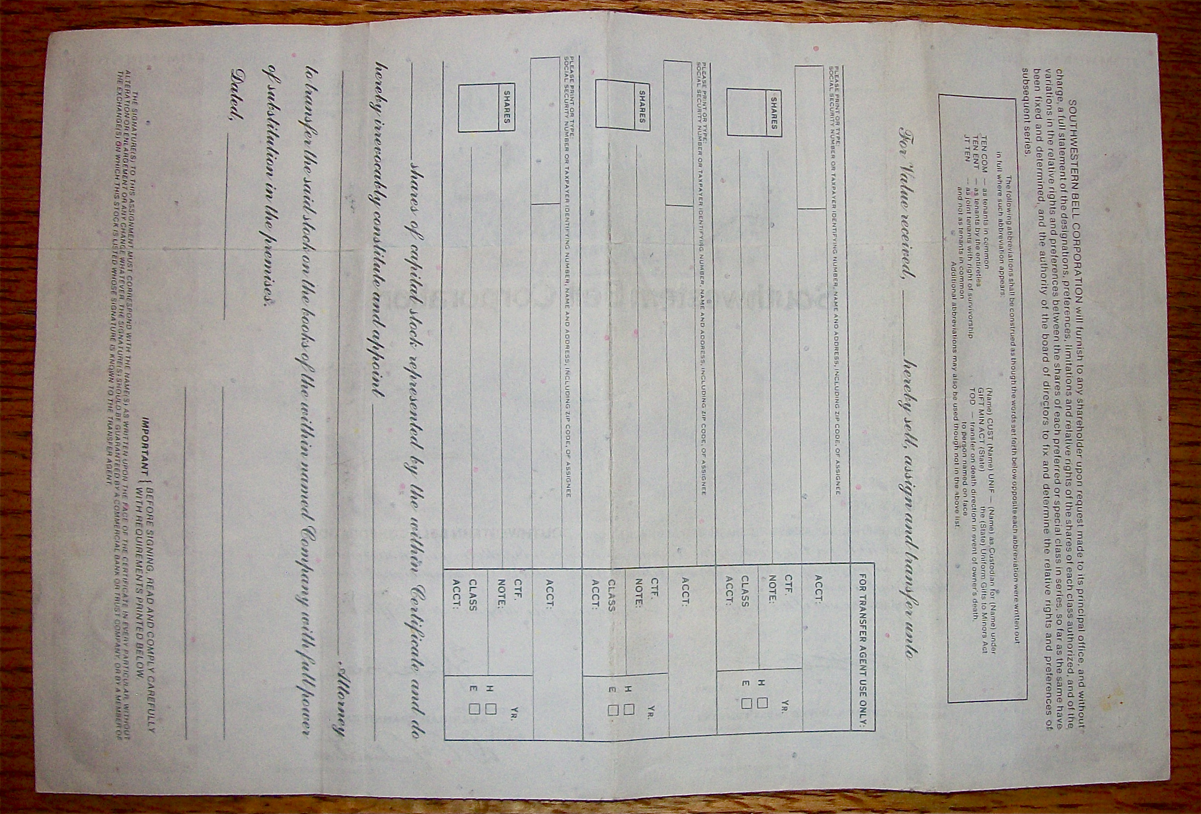 1984 Southern Bell Corporation Stock Certificate