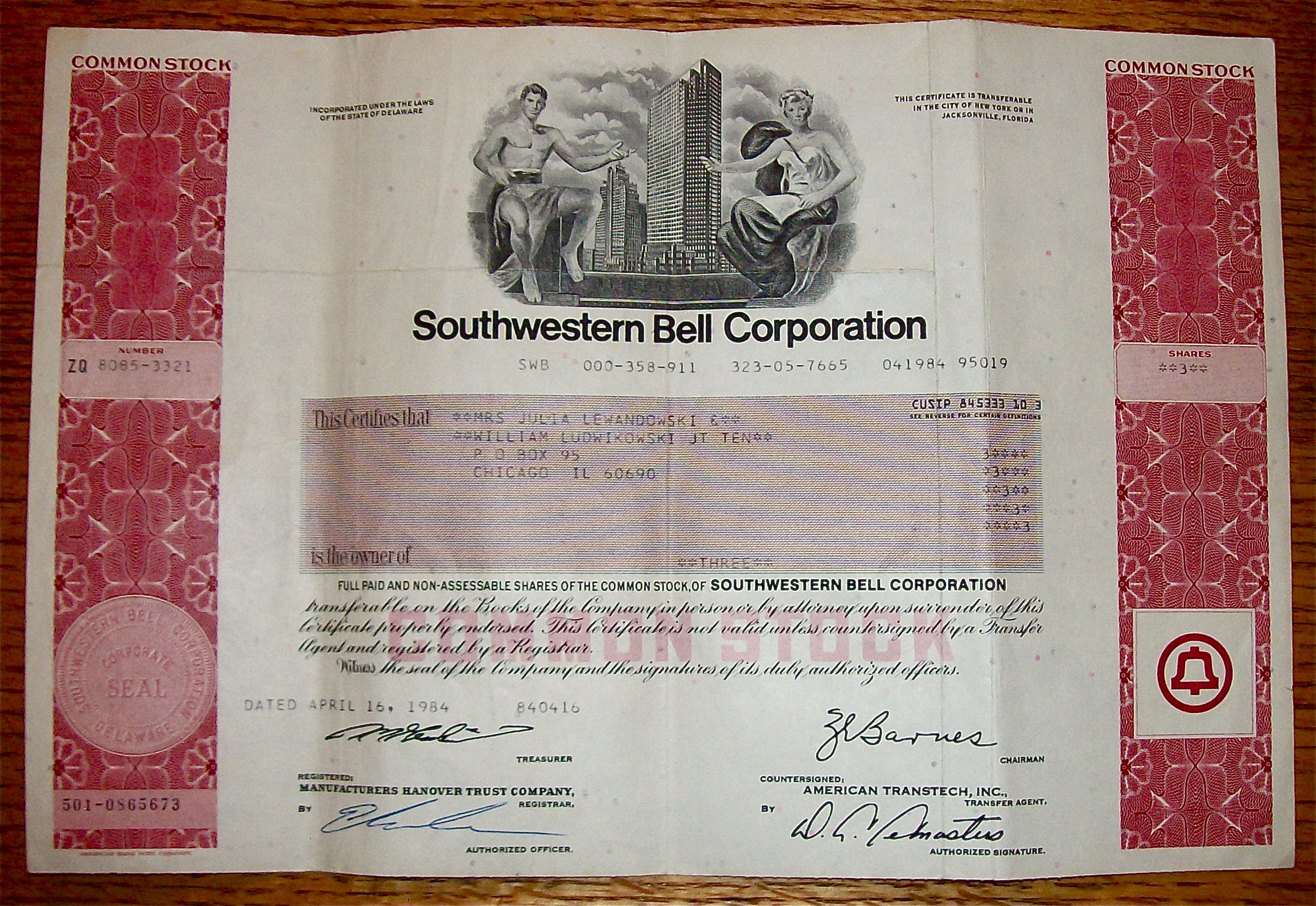 1984 Southern Bell Corporation Stock Certificate