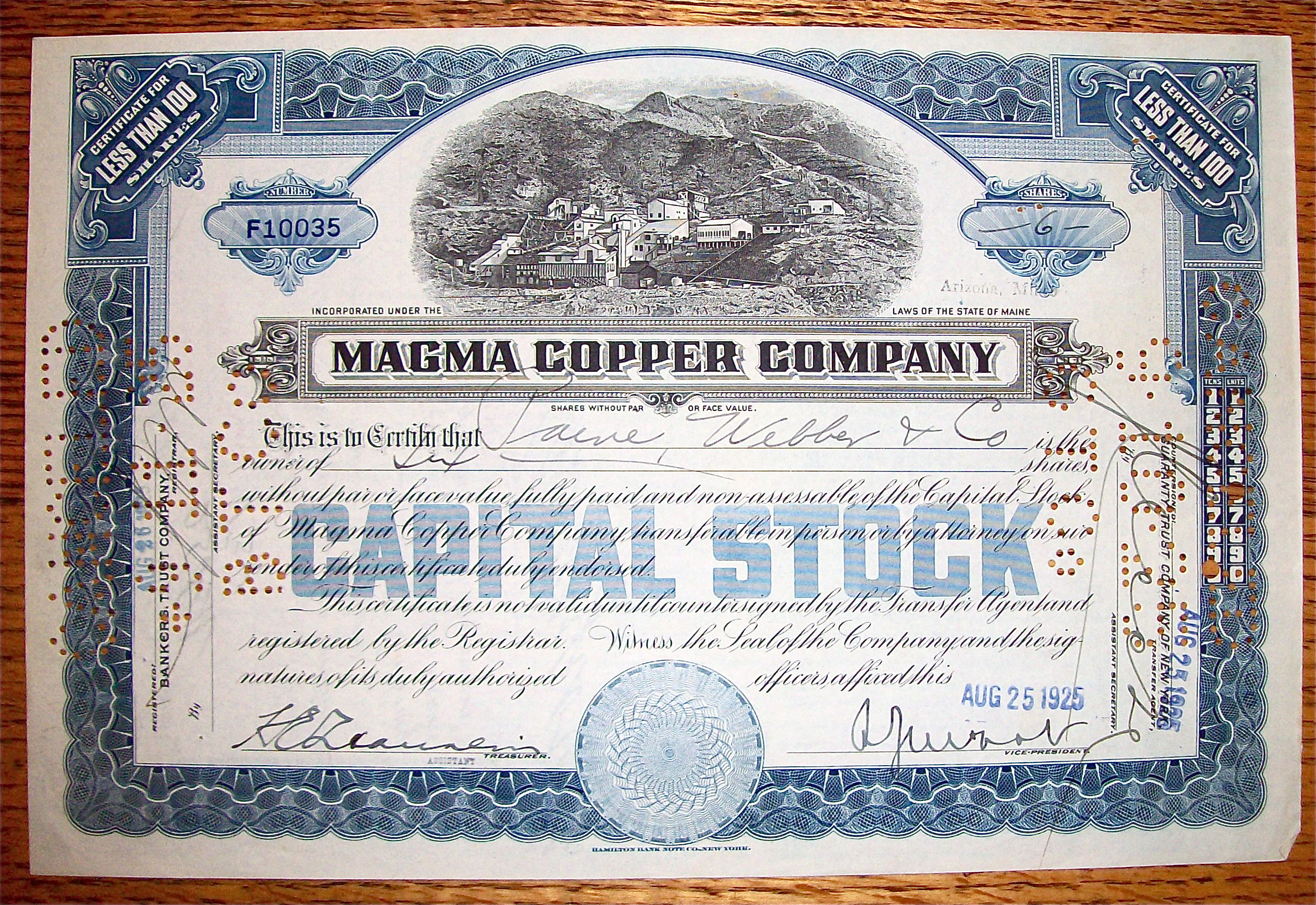 1925 Magma Copper Company Stock Certificate