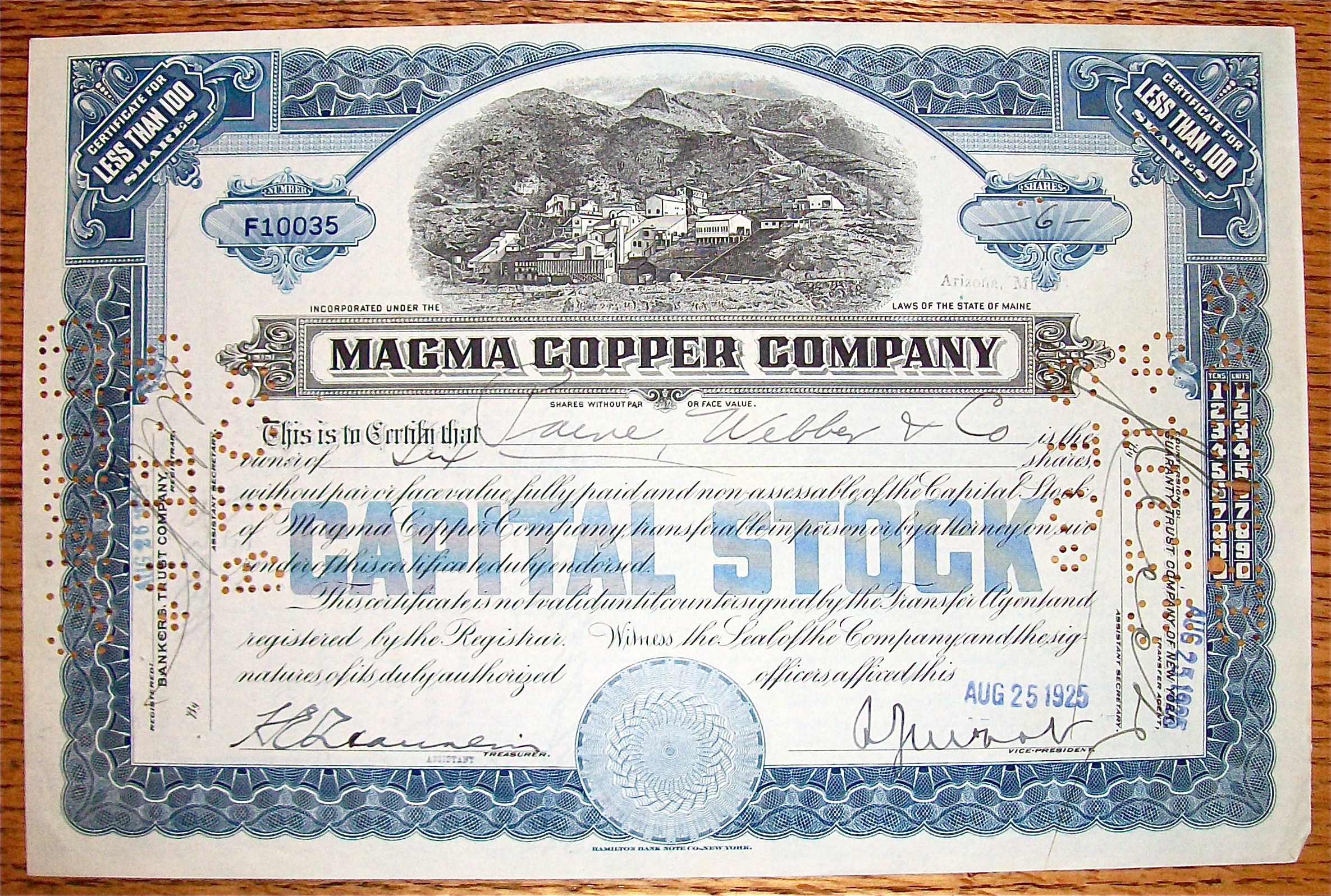 1925 Magma Copper Company Stock Certificate