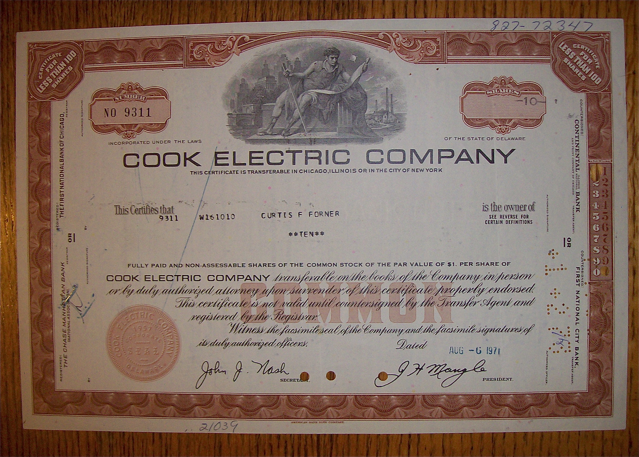 1971 Cook Electric Company Stock Certificate