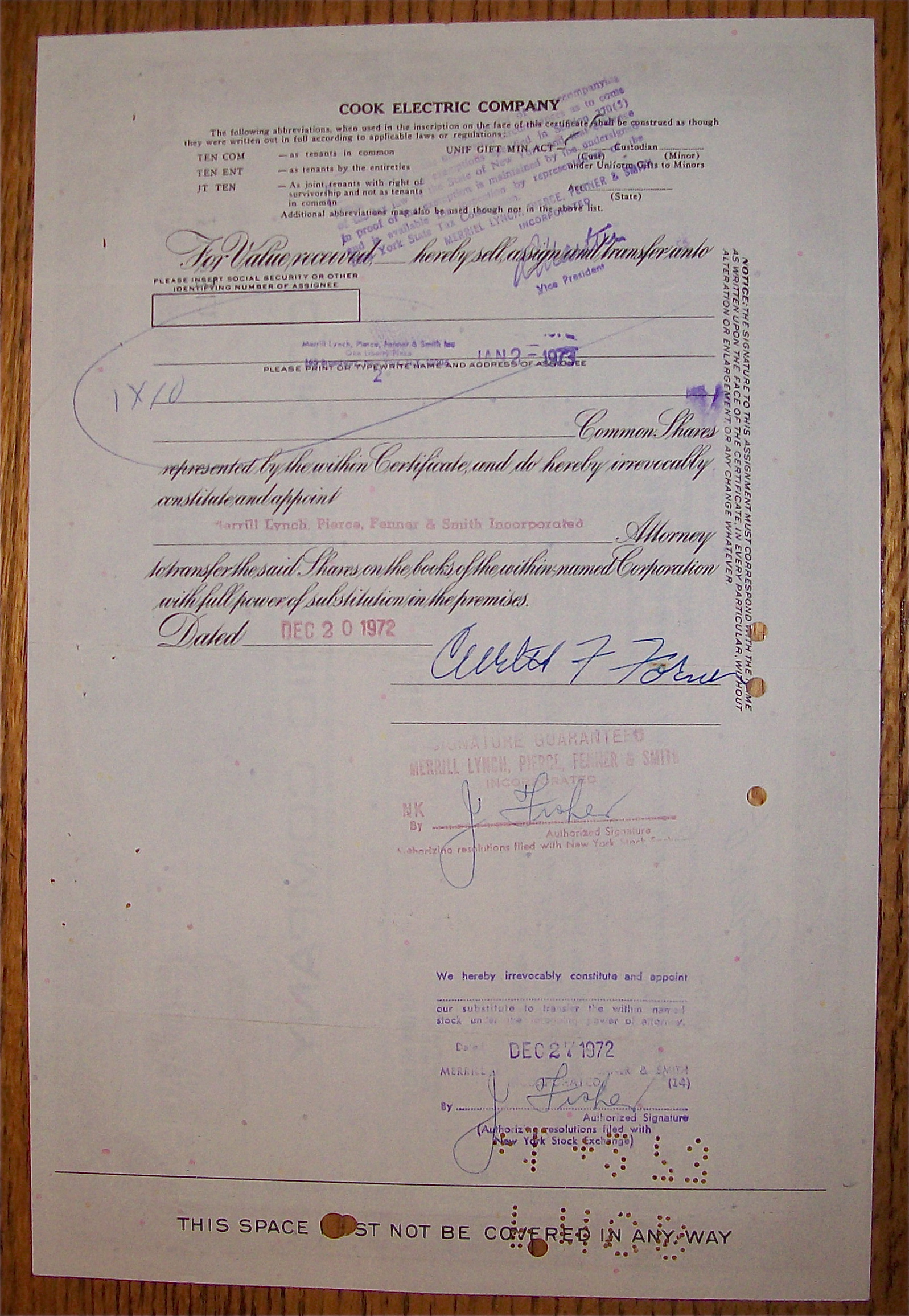 1971 Cook Electric Company Stock Certificate