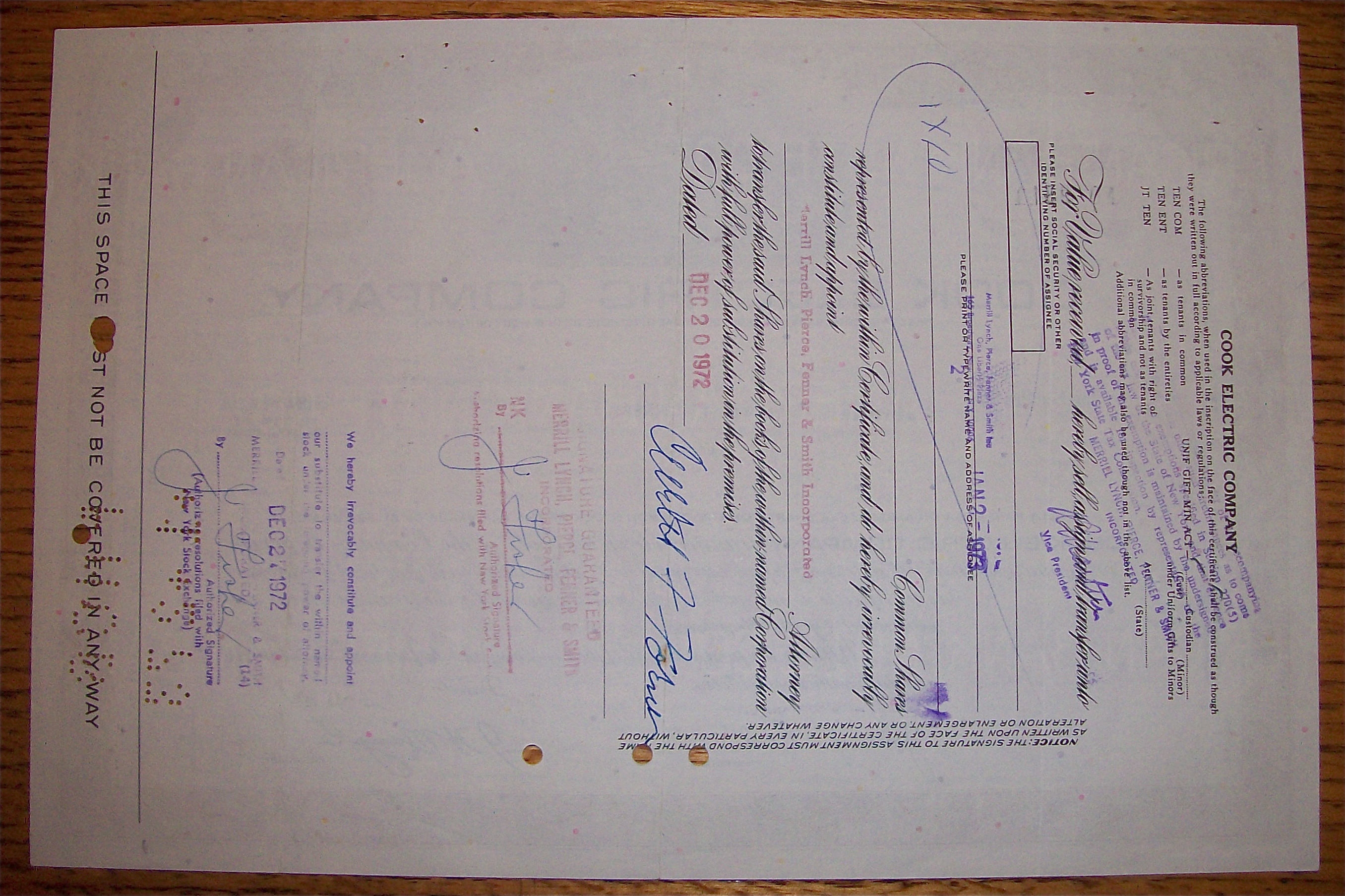 1971 Cook Electric Company Stock Certificate
