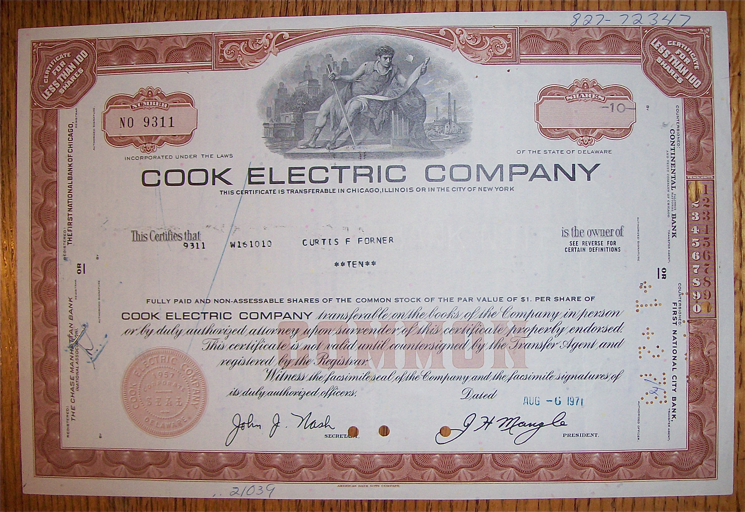 1971 Cook Electric Company Stock Certificate