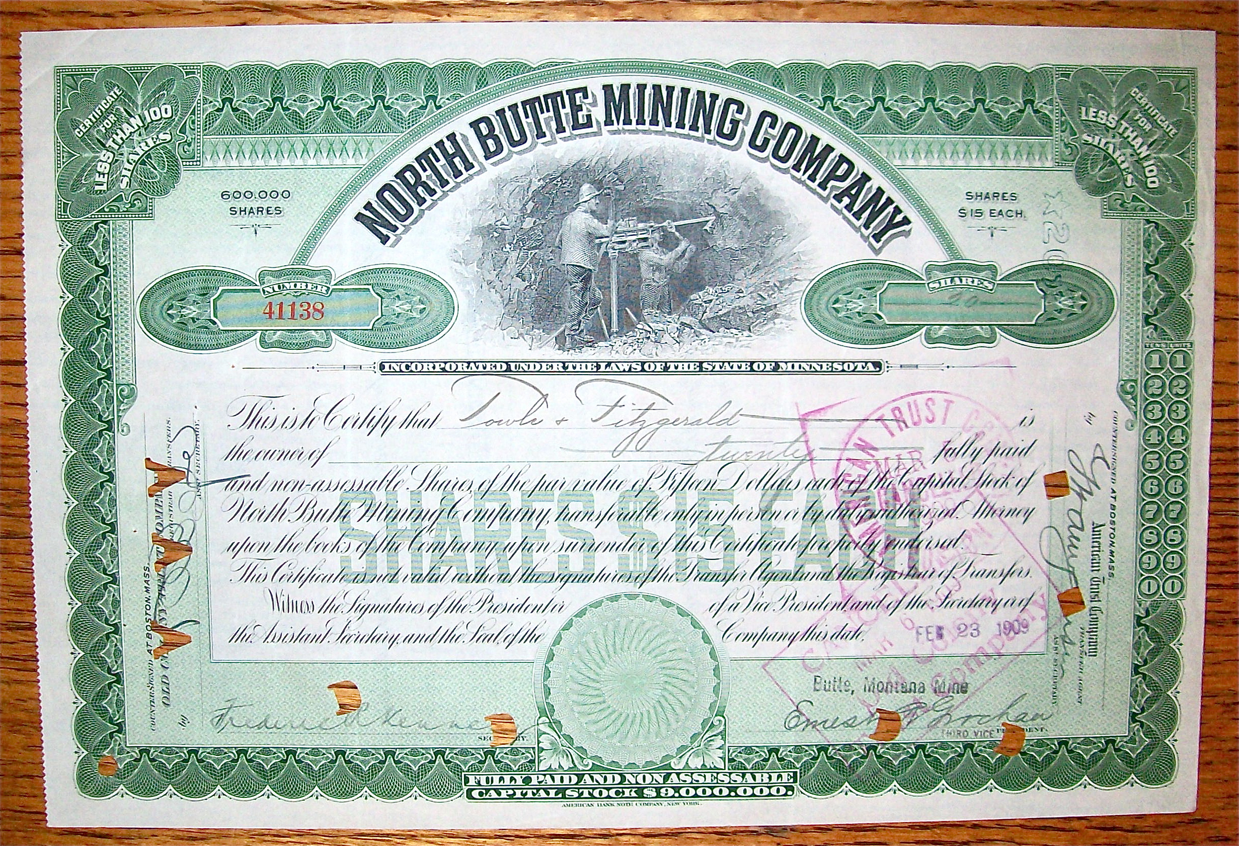 1909 North Butte Mining Company Stock Certificate